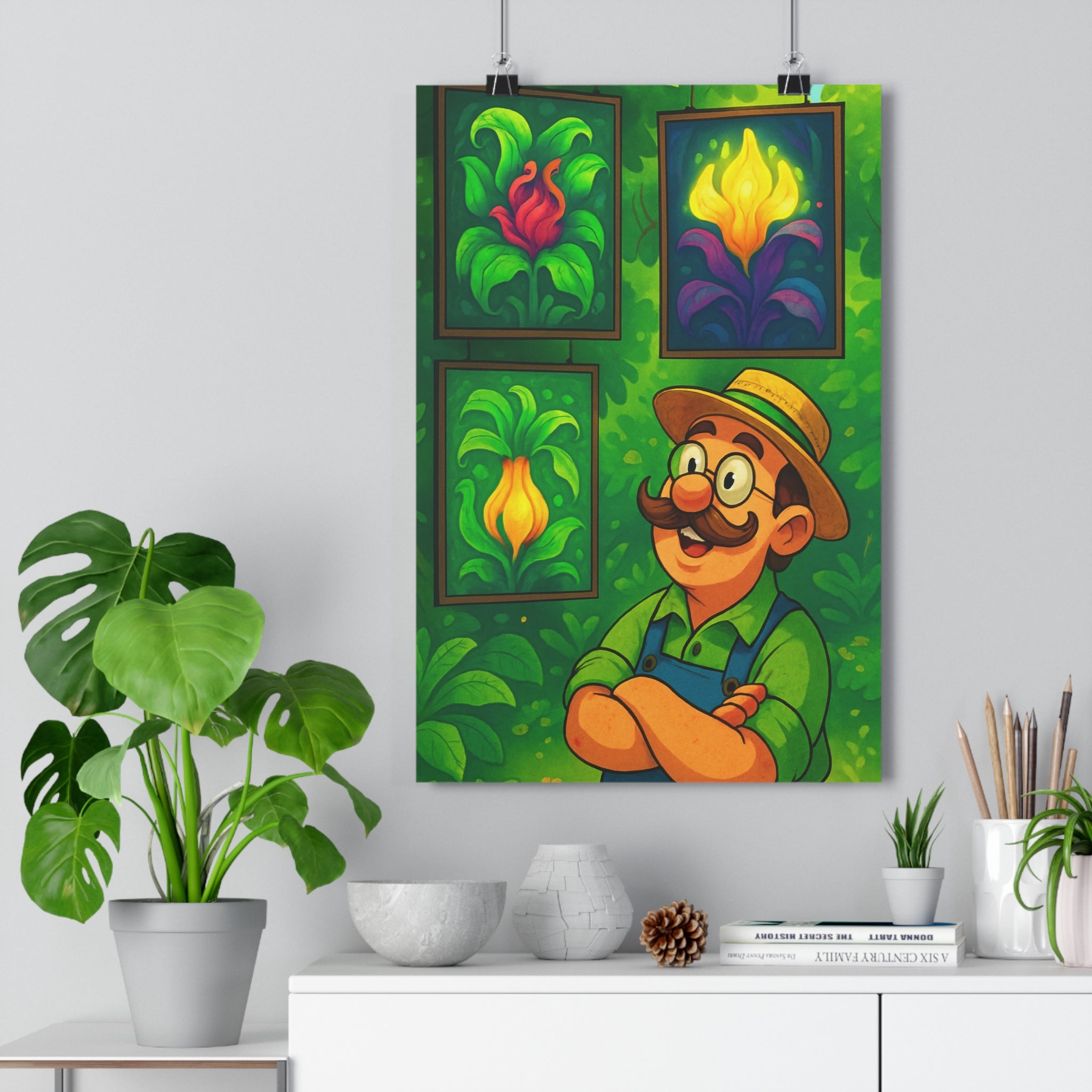 Poster décoratif botanique dessin animé rouge jaune violet fleurs joyeux salon chambre enfant artistique
