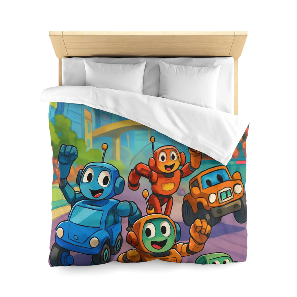 Housse de Couette Animée avec Robots Joyeux et Ville Futuriste pour Enfants