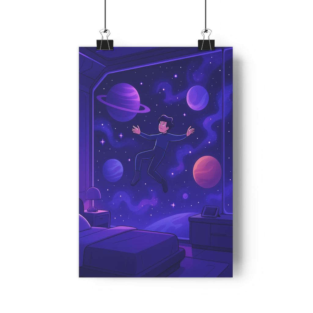 Poster décoratif aventure cosmique violet bleu cartoon mystique chambre enfant espace futuriste ambiance fascinante