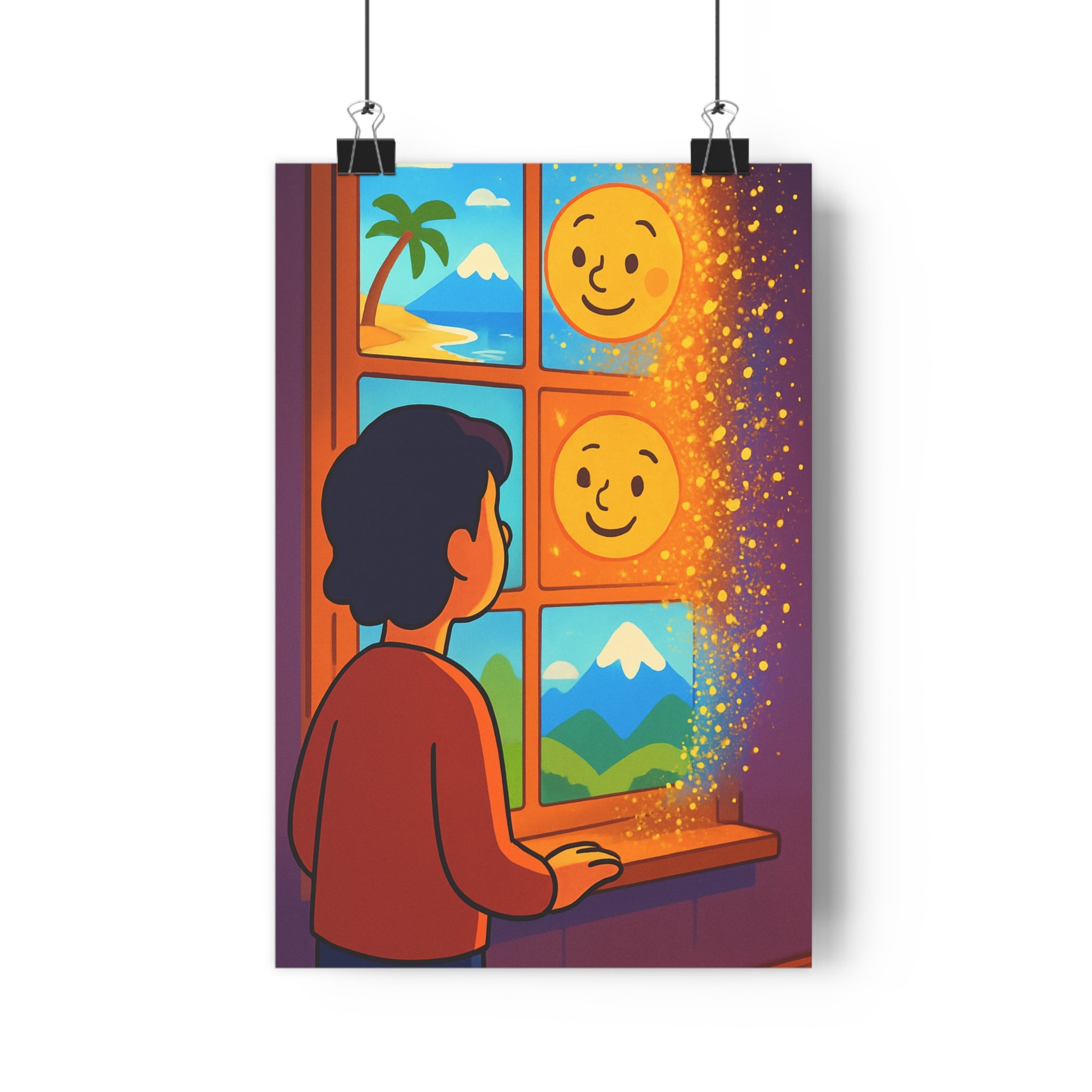 Poster décoratif ethéré couleurs vives joyeux salon chambre art moderne paysage imaginaire inspirant visage