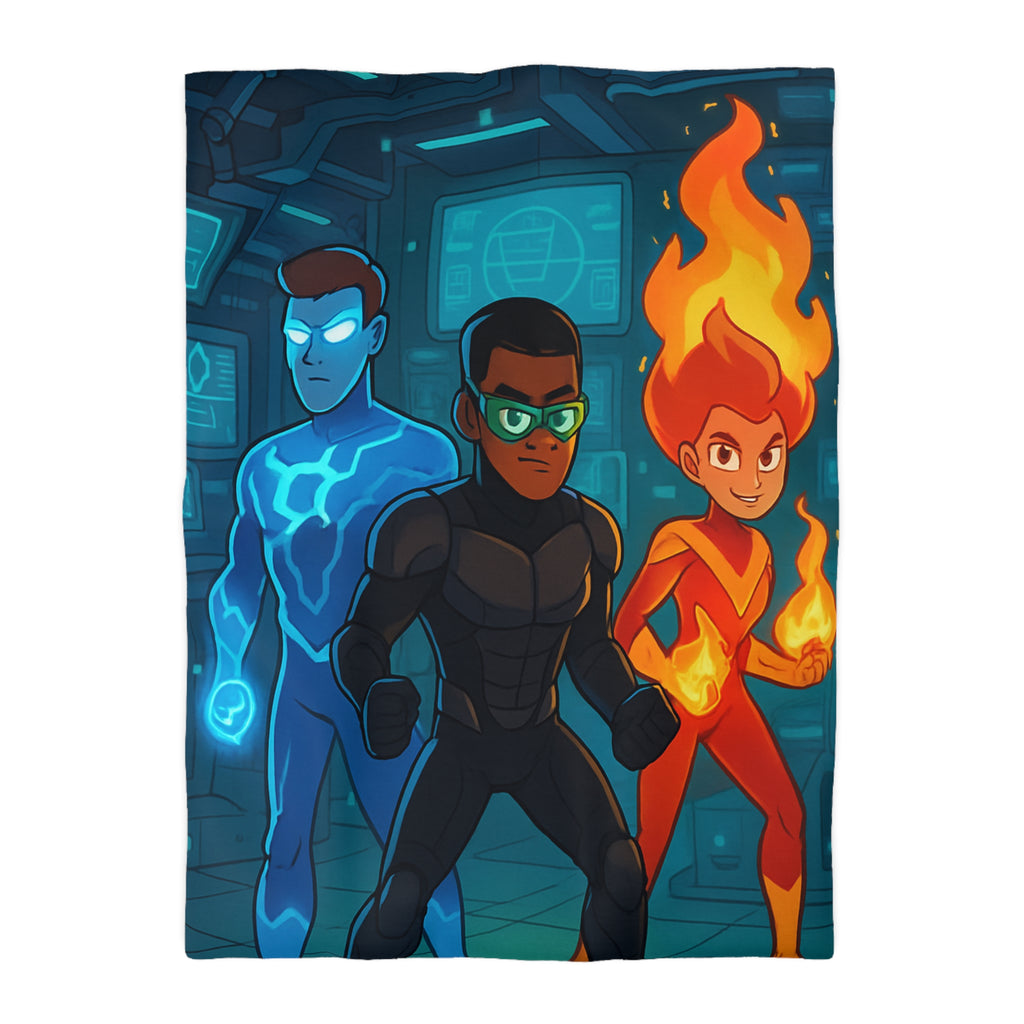 Housse de couette super-héros colorée avec motifs de feu, glace et technologie futuriste