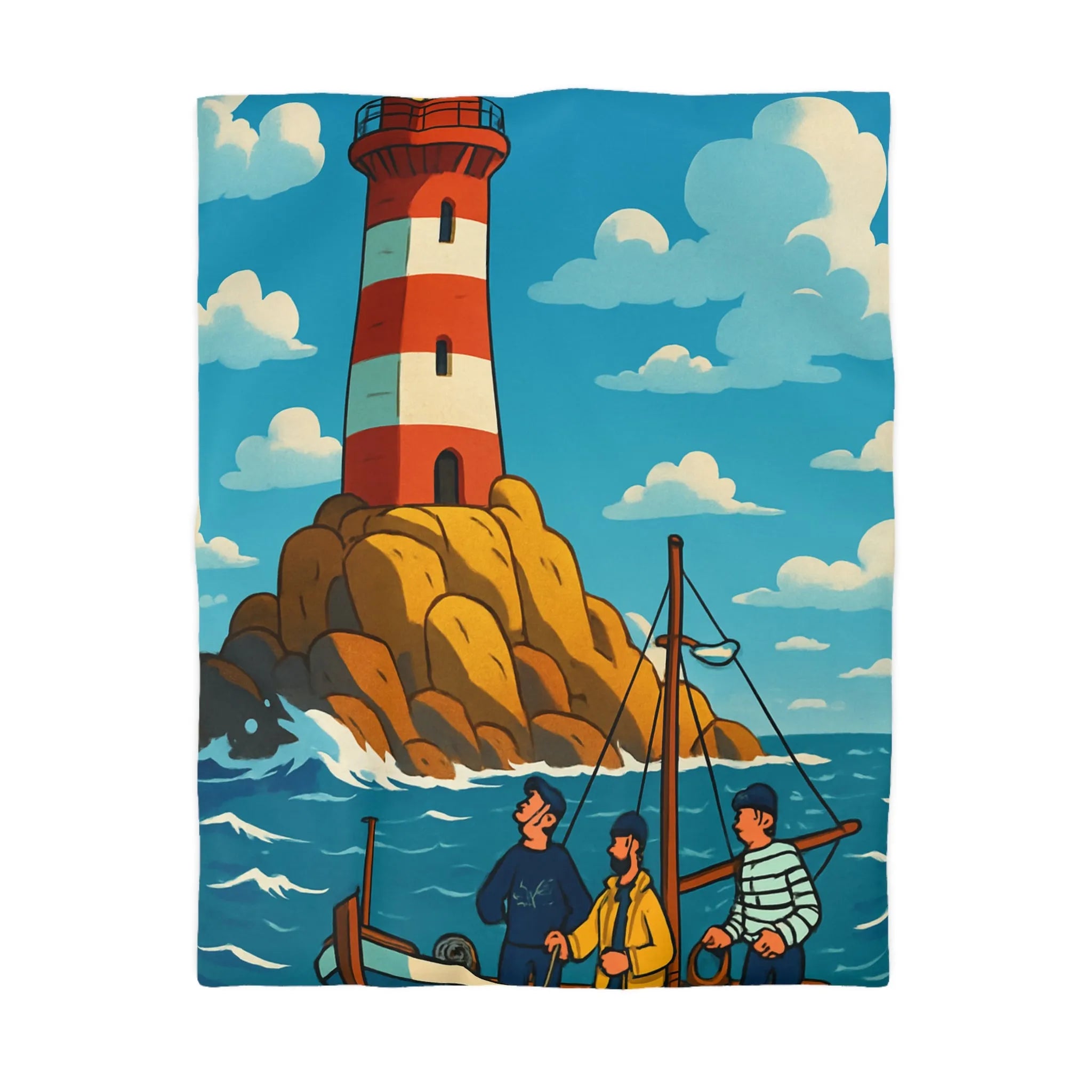 Housse de couette maritime avec phare, bateau et équipage sur mer agitée