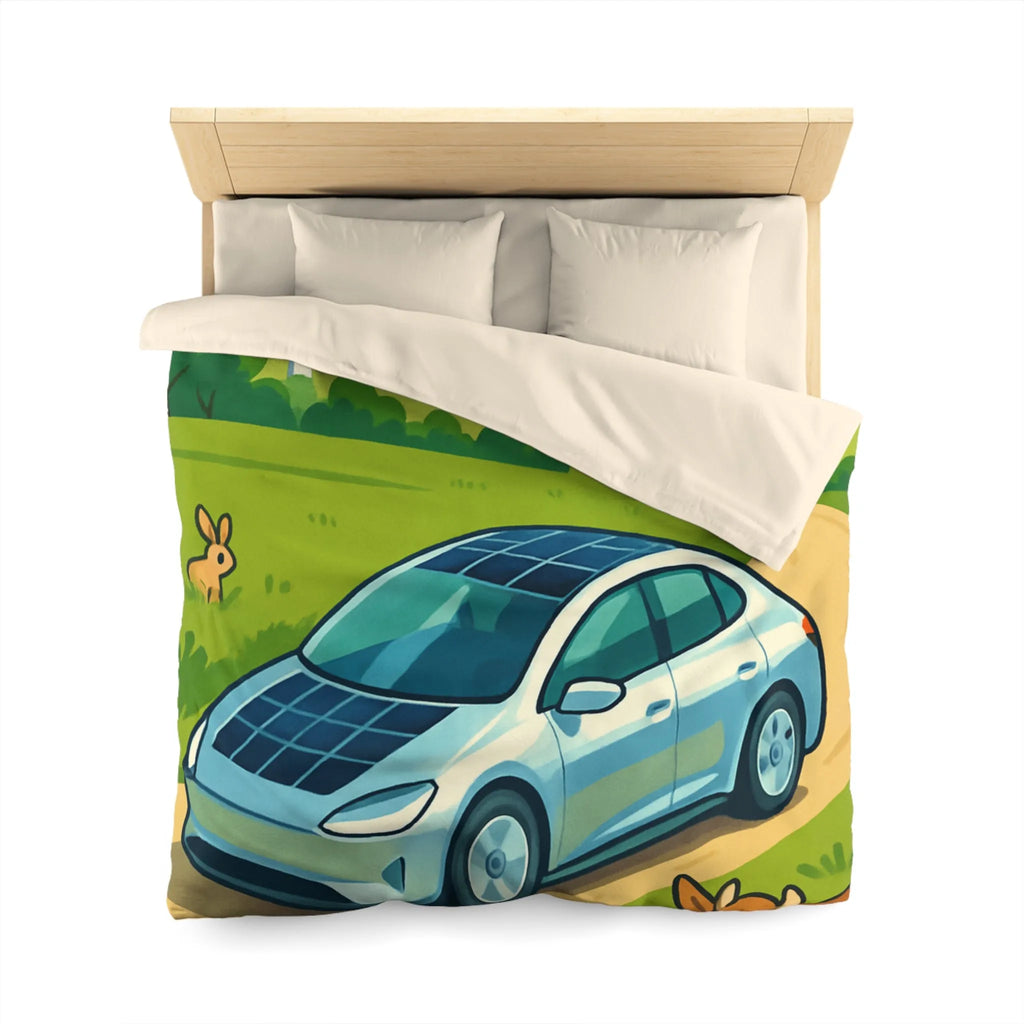 Housse de couette écologique avec voiture solaire, éoliennes et animaux dans la nature