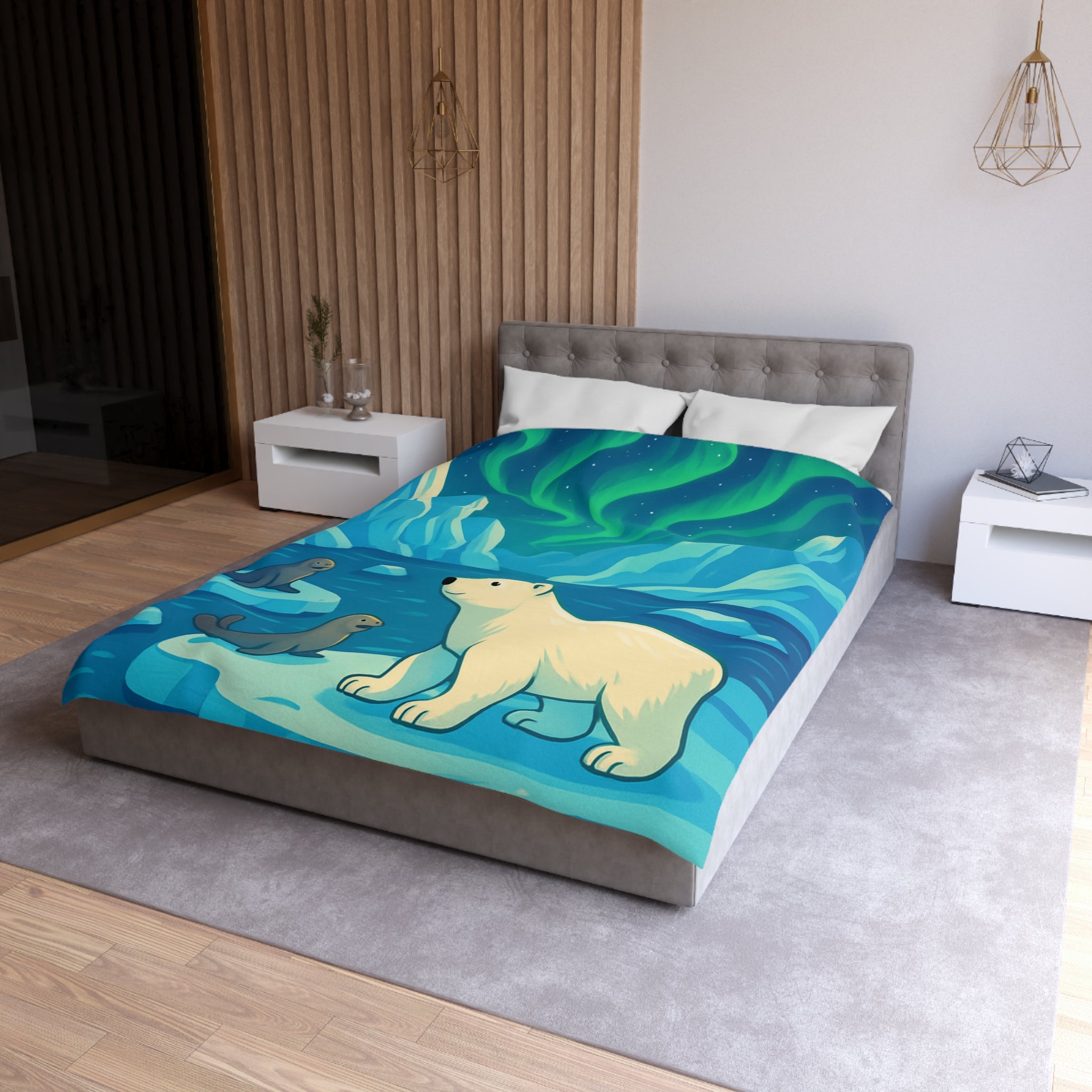 Housse de couette polaire avec ours et aurores boréales pour chambre enfant