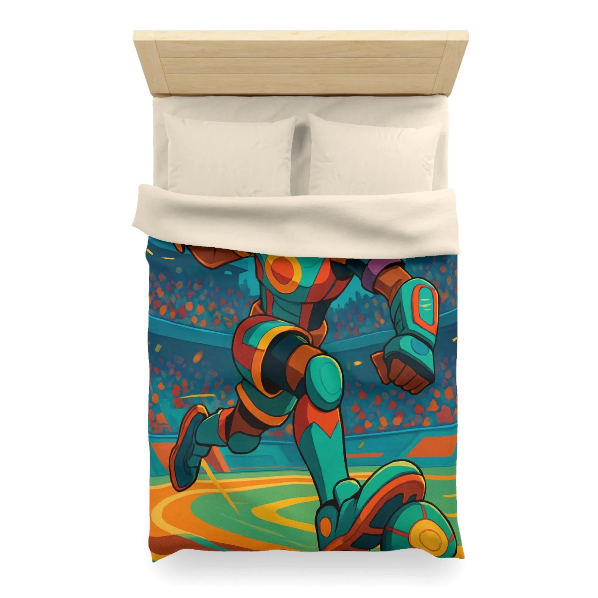 Housse de couette colorée avec joueur futuriste en action dans un stade dynamique