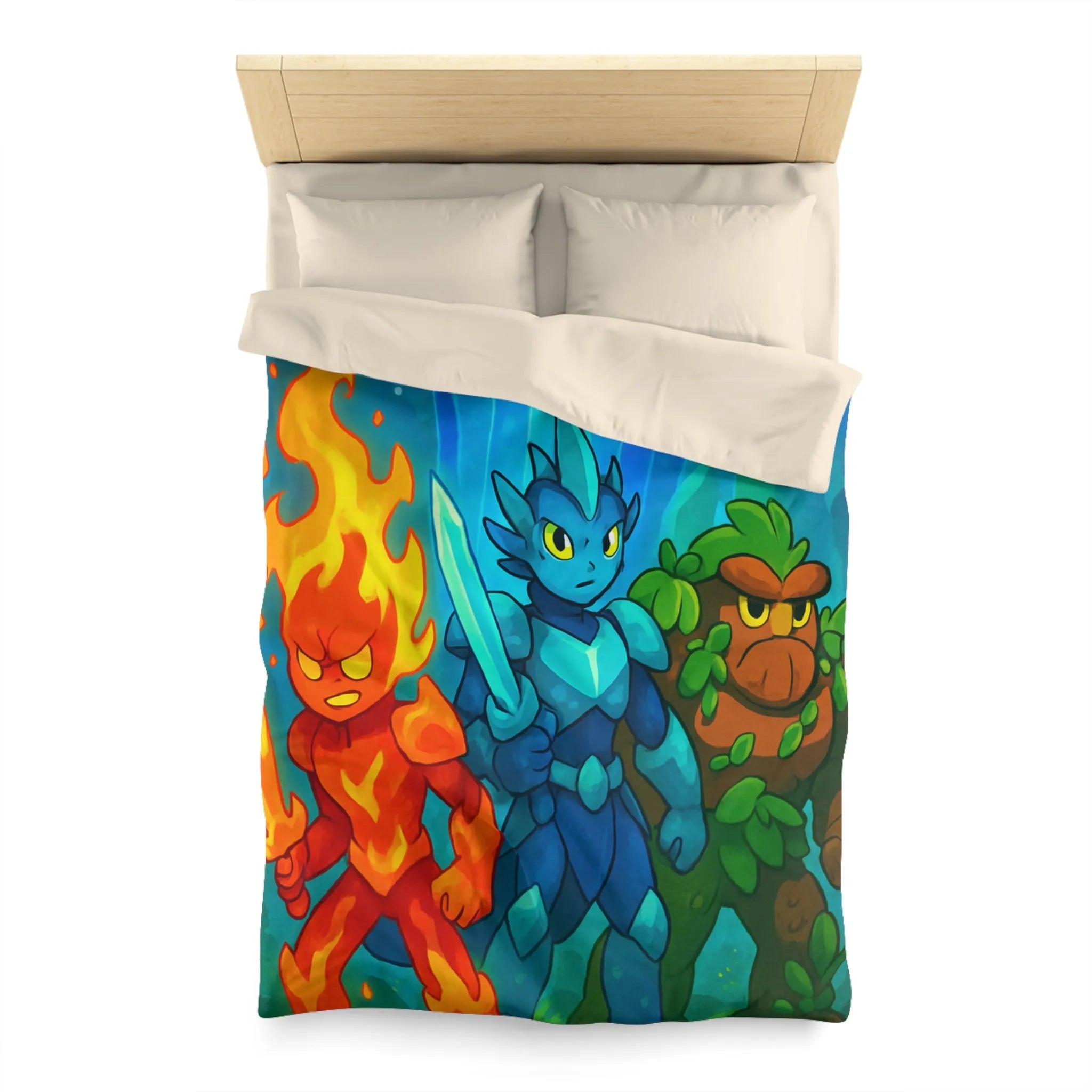 Housse de couette avec personnages élémentaires : feu, glace et terre, ambiance fantastique