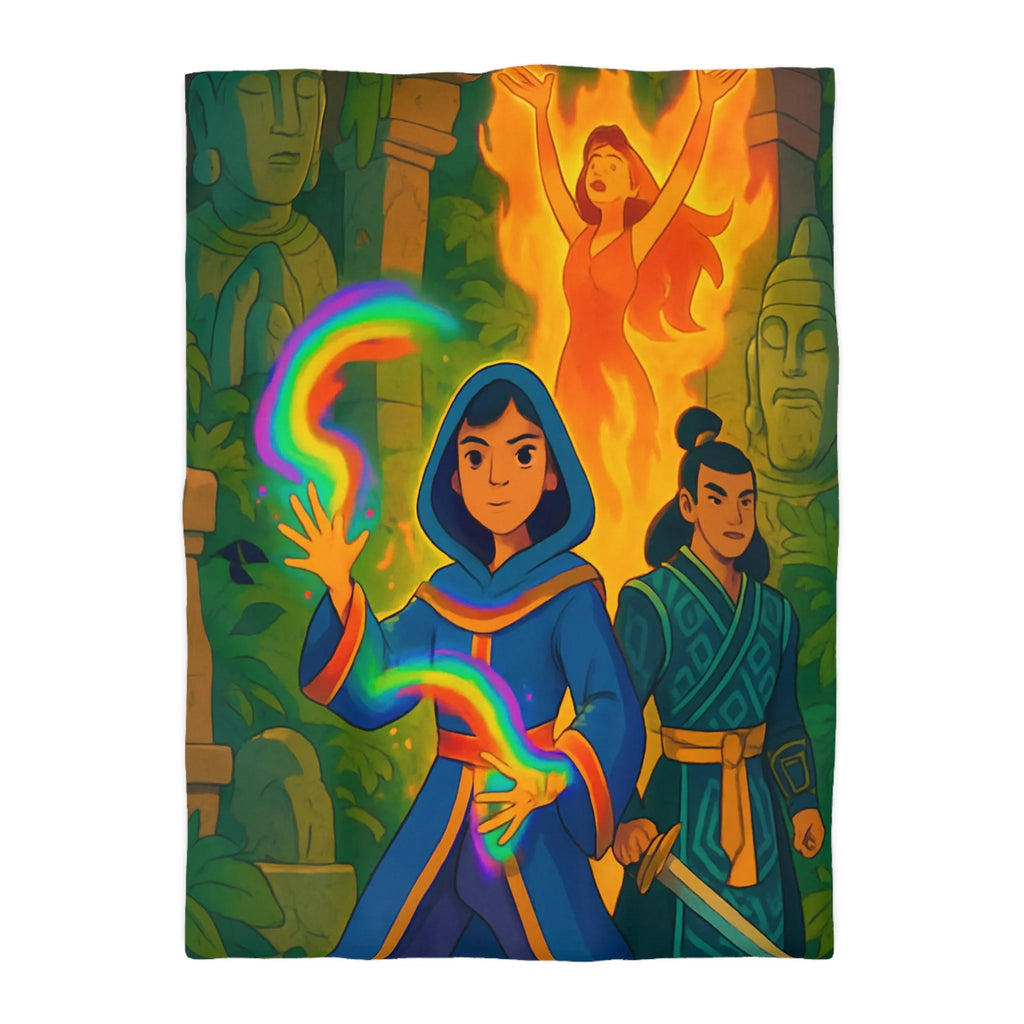 Housse de couette magique colorée : aventure mystique avec personnages énigmatiques et feu flamboyant