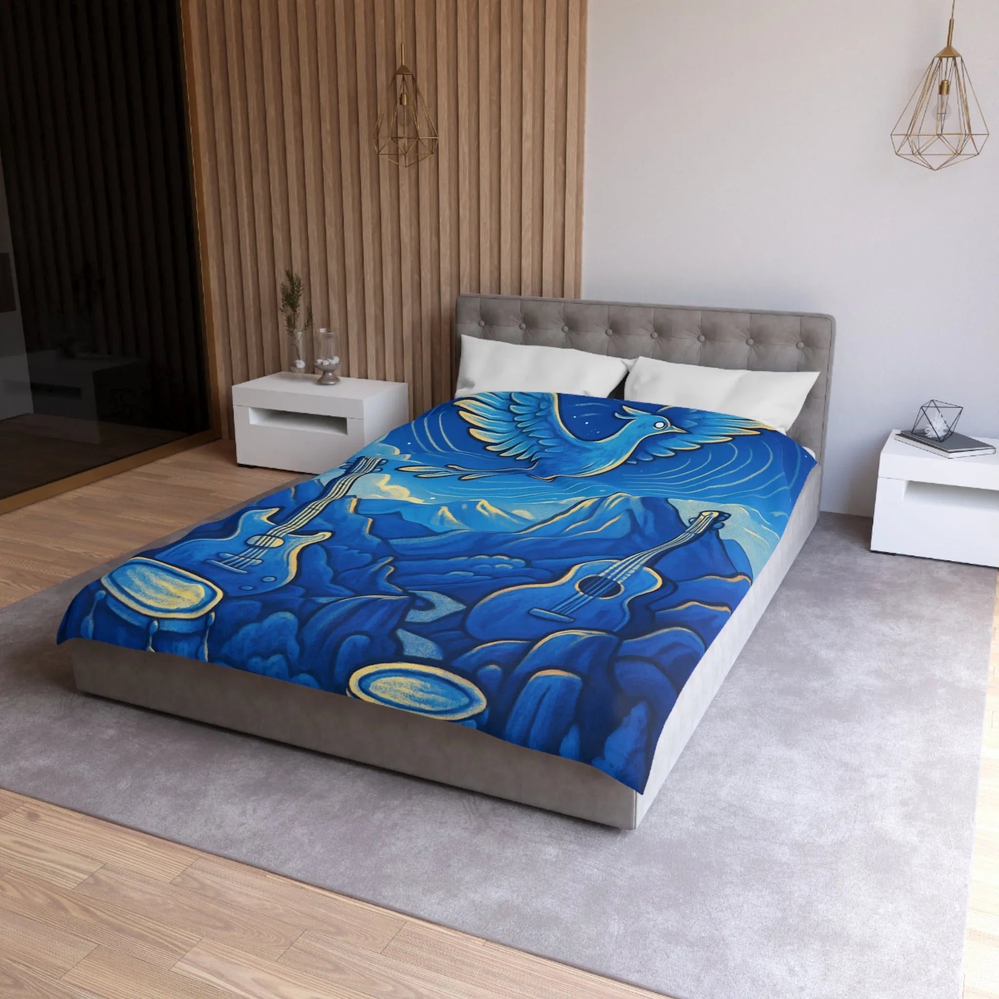 Housse de couette mélodieuse avec oiseau bleu et instruments de musique en montagne