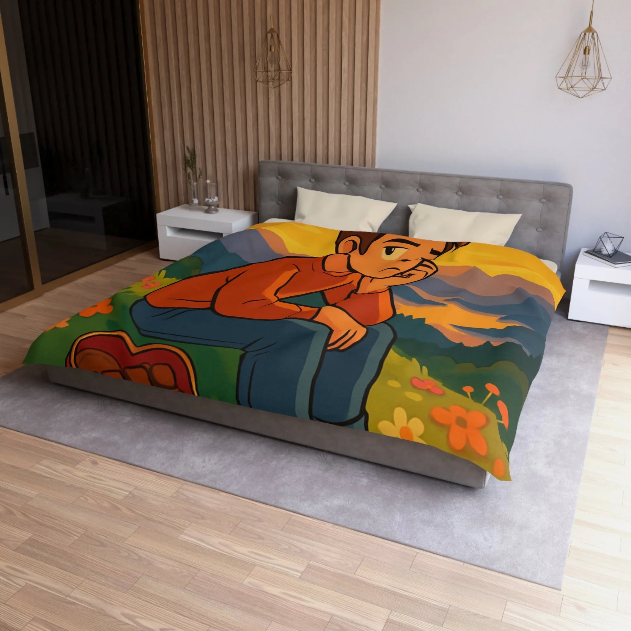 Housse de Couette Illustrée: Paysage Coloré avec Personnage Réfléchi et Coeur en Chocolat