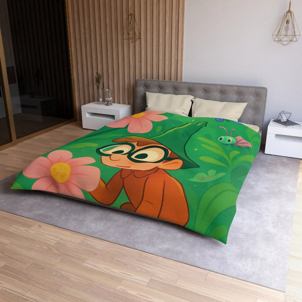 Housse de couette enfants magique jardin avec garçon et fleurs papillon colorés