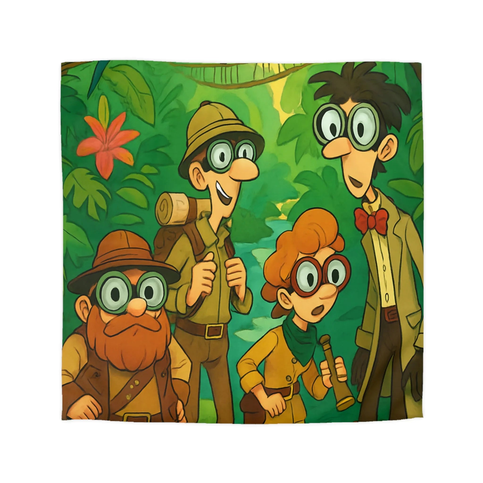 Housse de couette jungle colorée avec explorateurs, perroquet et singe aventureux