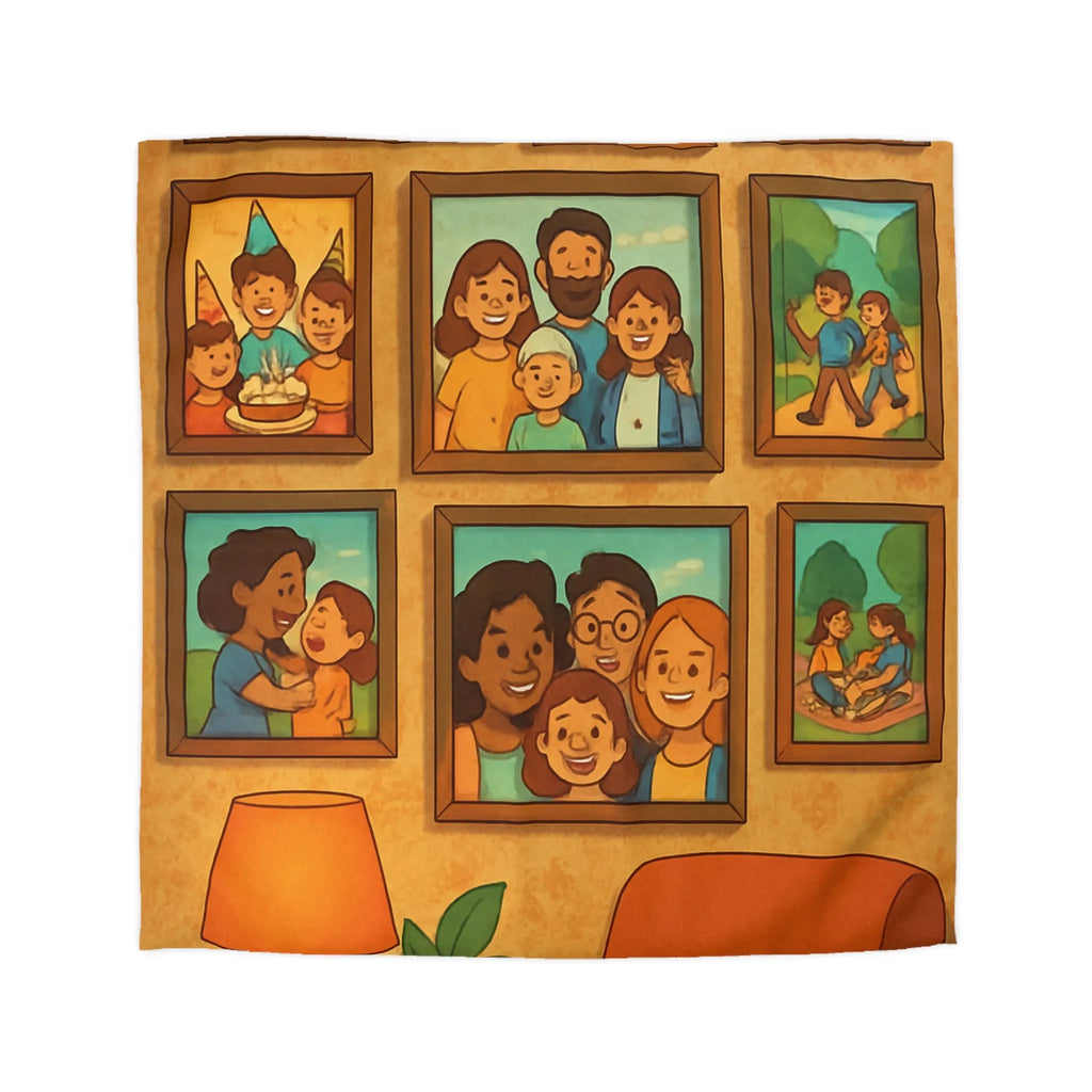 Housse de Couette Famille Heureuse avec Cadres Photo et Éléments Vintage pour Chambre