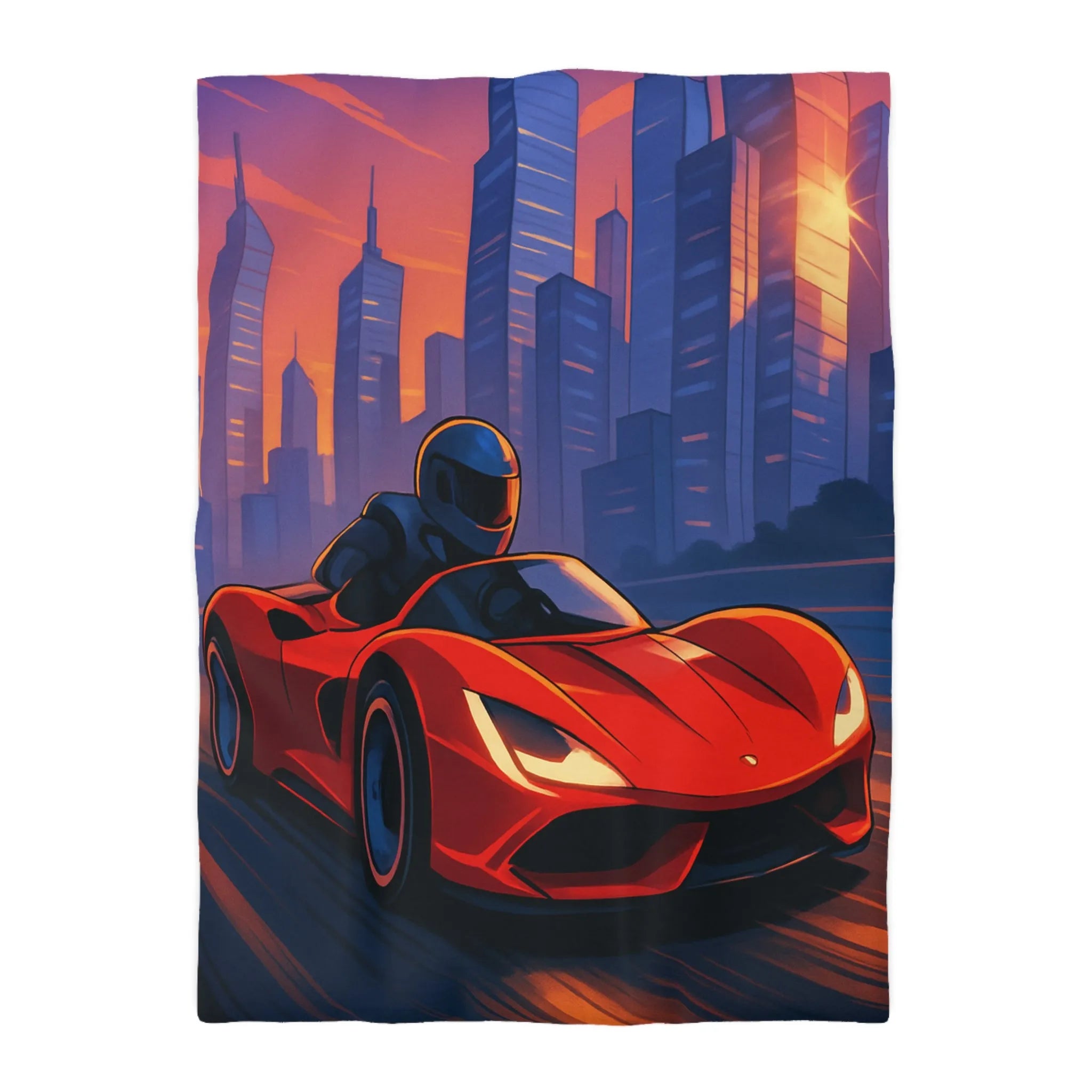 Housse de couette illustrée voiture de sport rouge dans paysage urbain futuriste au crépuscule