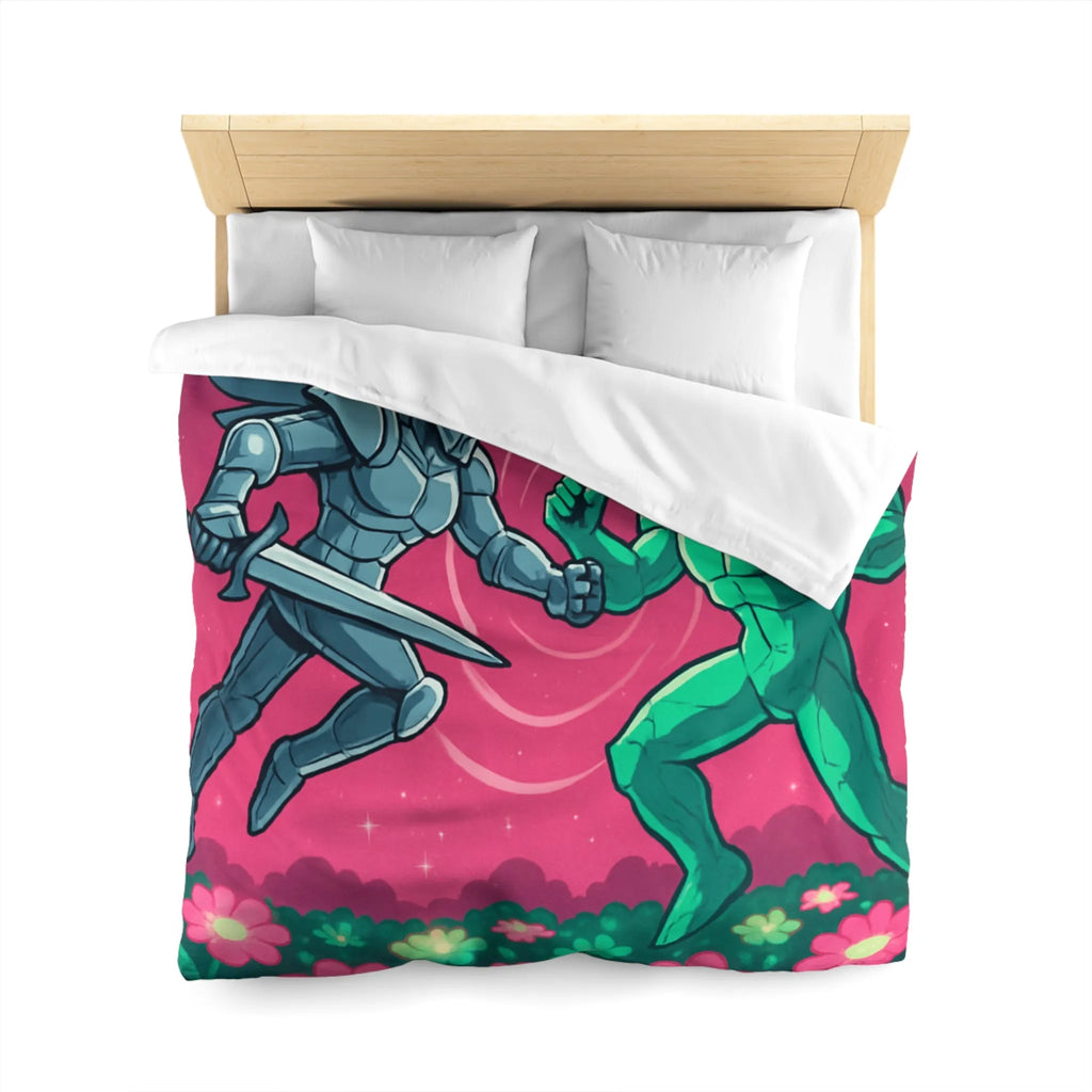 Housse de couette illustrée super-héros ailé avec scène de combat cosmique floral coloré