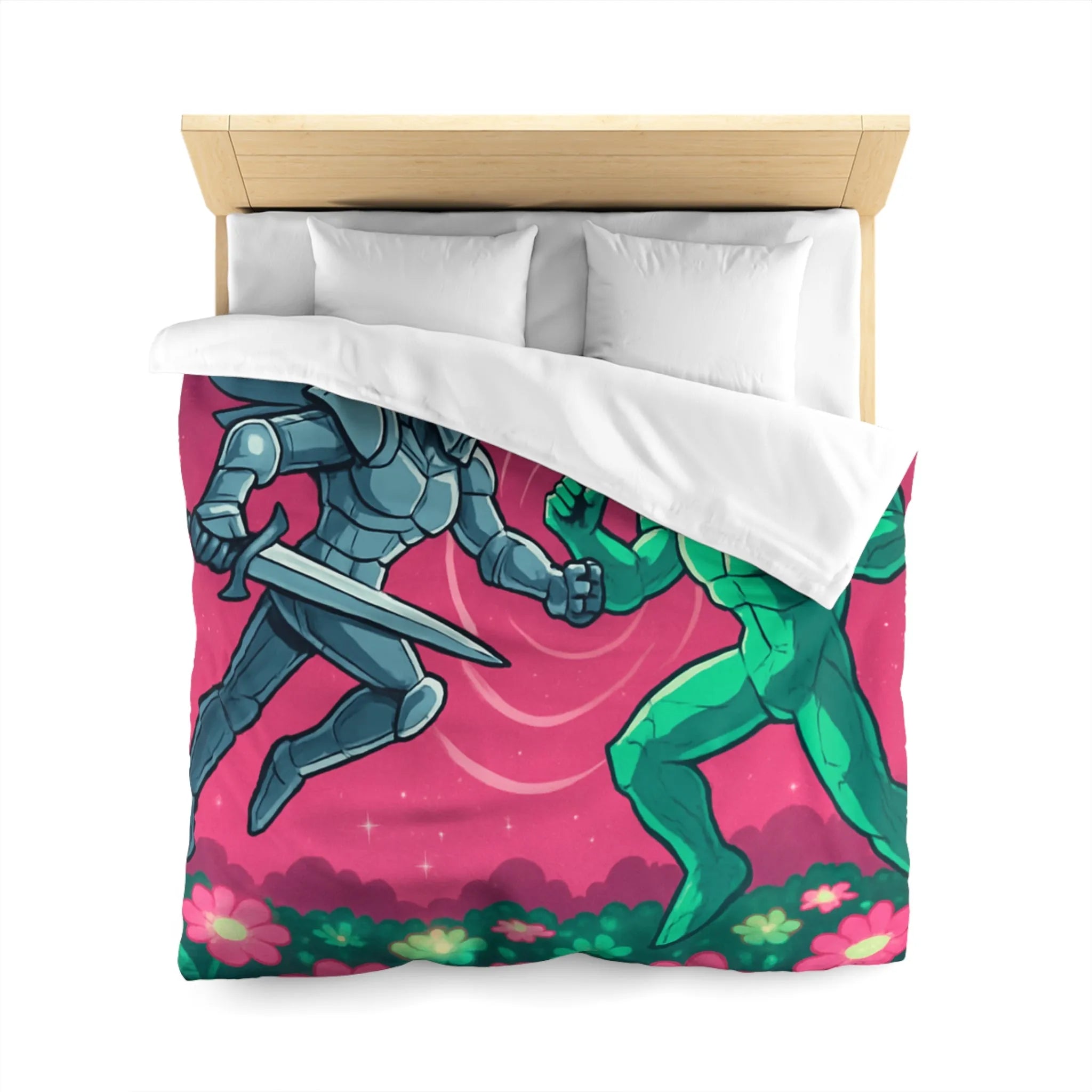 Housse de couette illustrée super-héros ailé avec scène de combat cosmique floral coloré