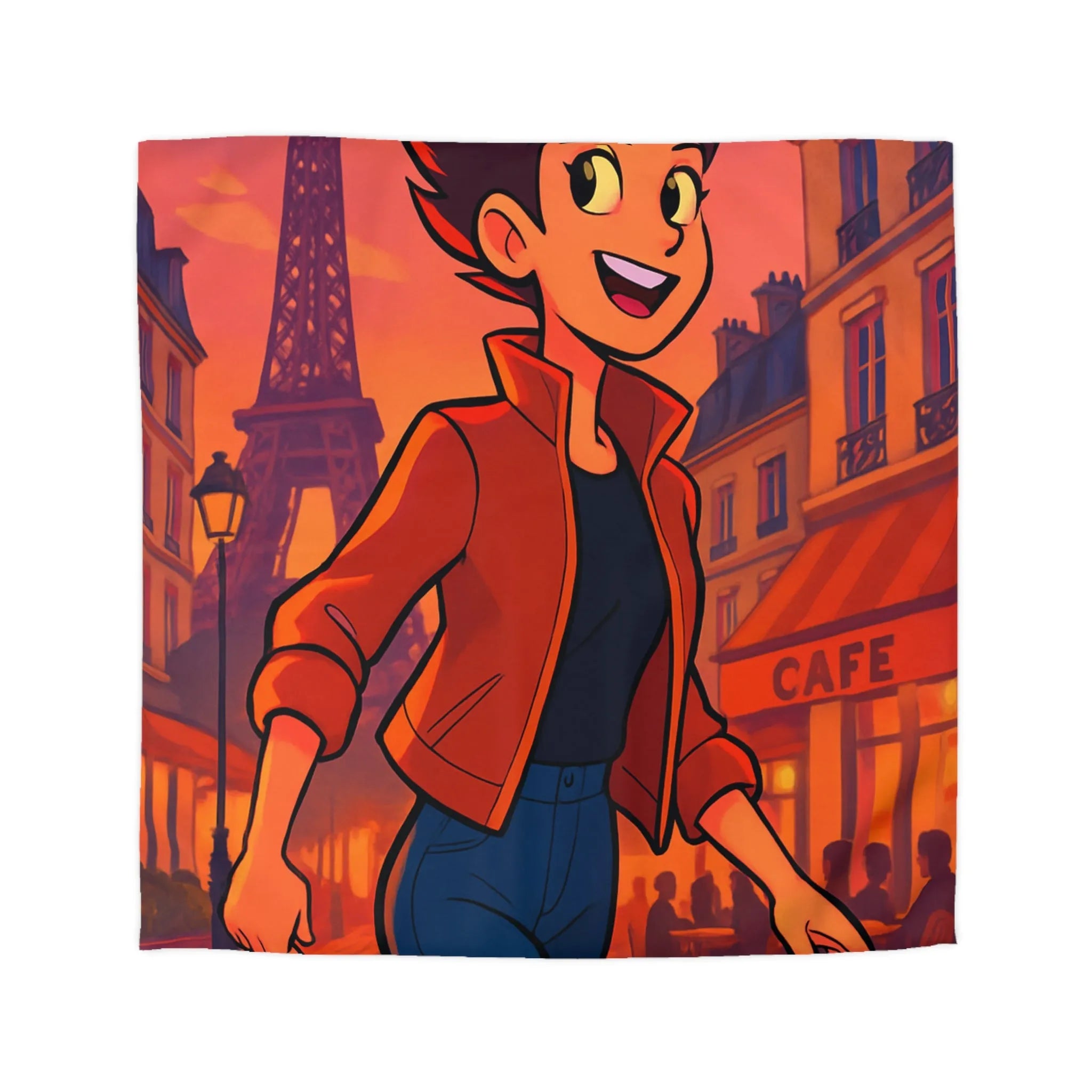 Housse de couette colorée avec illustration parisienne animée d'une silhouette joyeuse