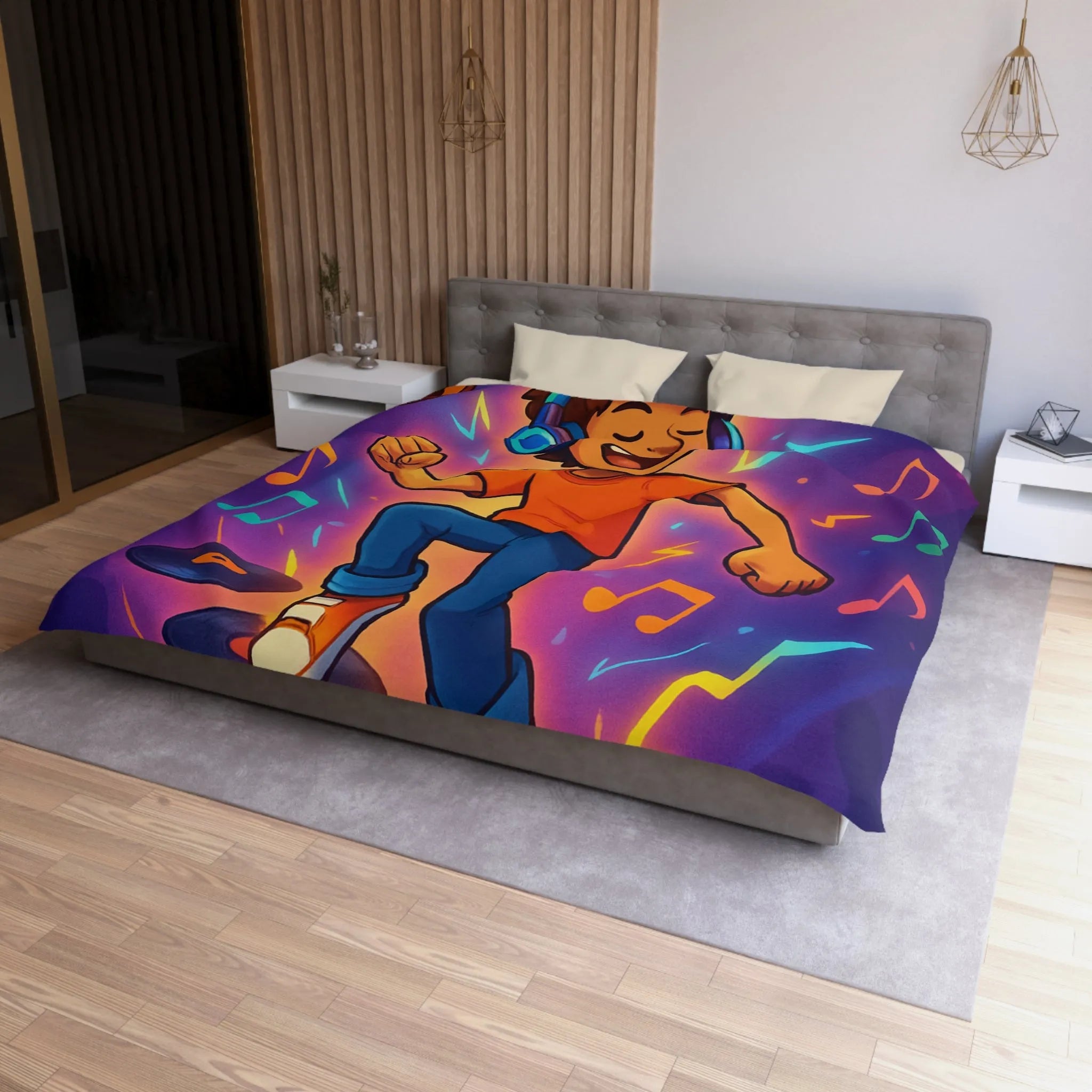 Housse de couette animée avec design musical vibrant pour chambres colorées et dynamiques