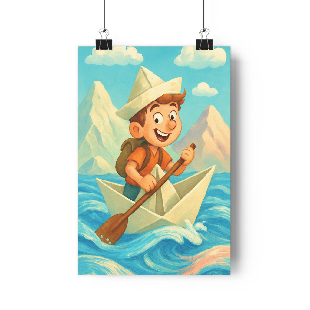 Poster décoratif anime bleu orange joyeux aventure enfant chambre coloré montagne ciel nuage bateau