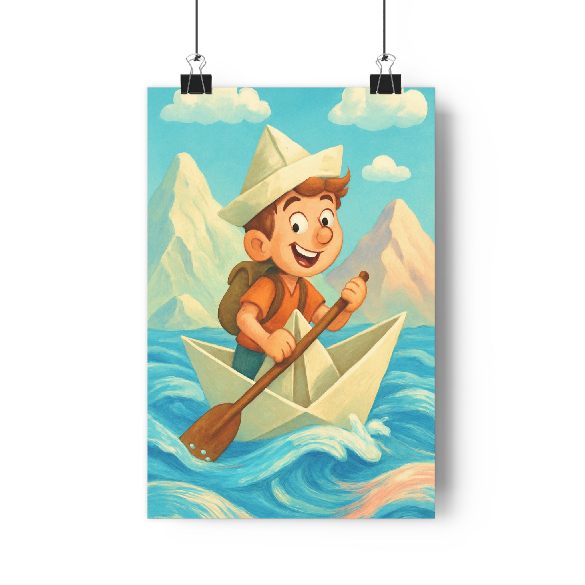 Poster décoratif anime bleu orange joyeux aventure enfant chambre coloré montagne ciel nuage bateau