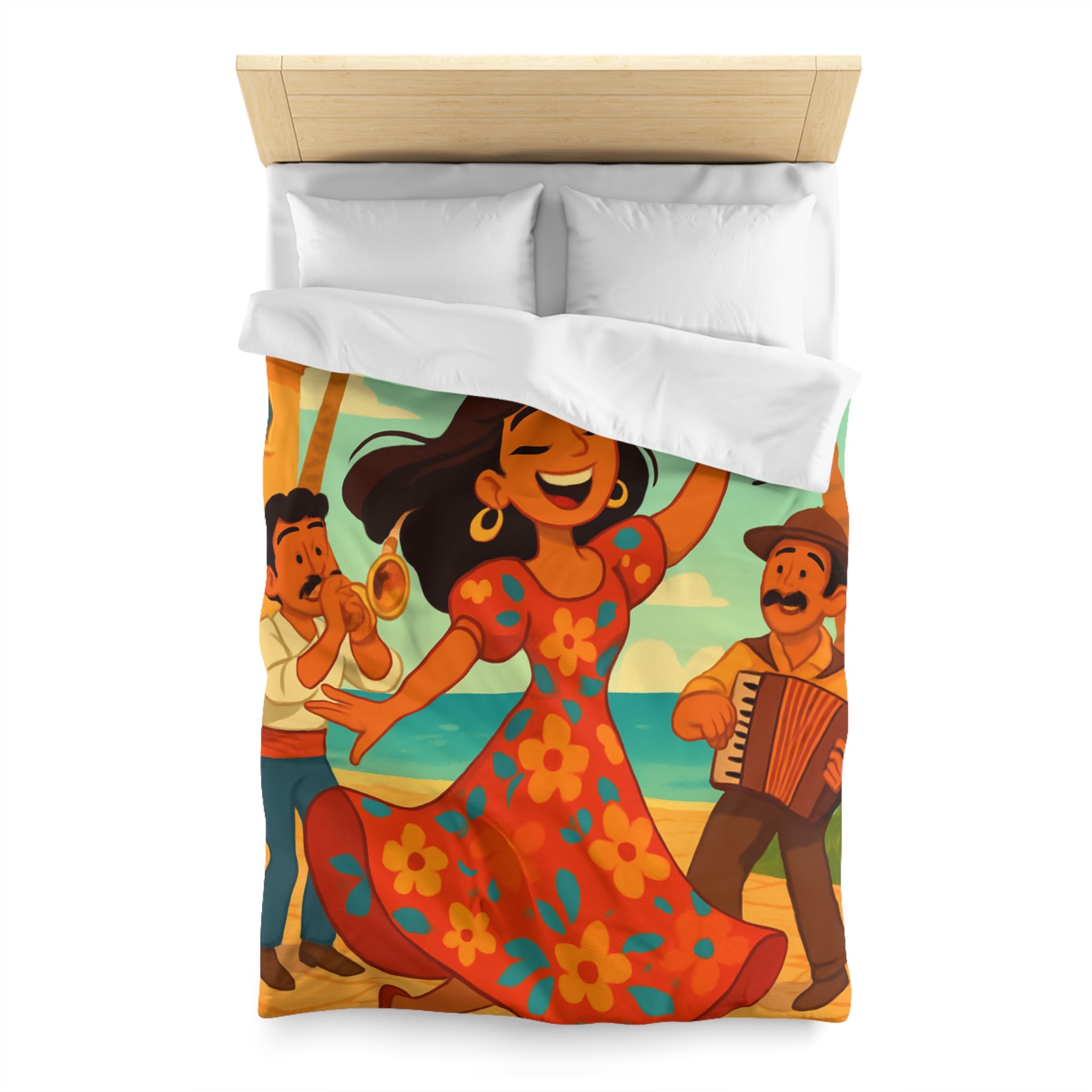 Housse de couette tropicale colorée avec danseuse et musiciens, ambiance joyeuse et festive