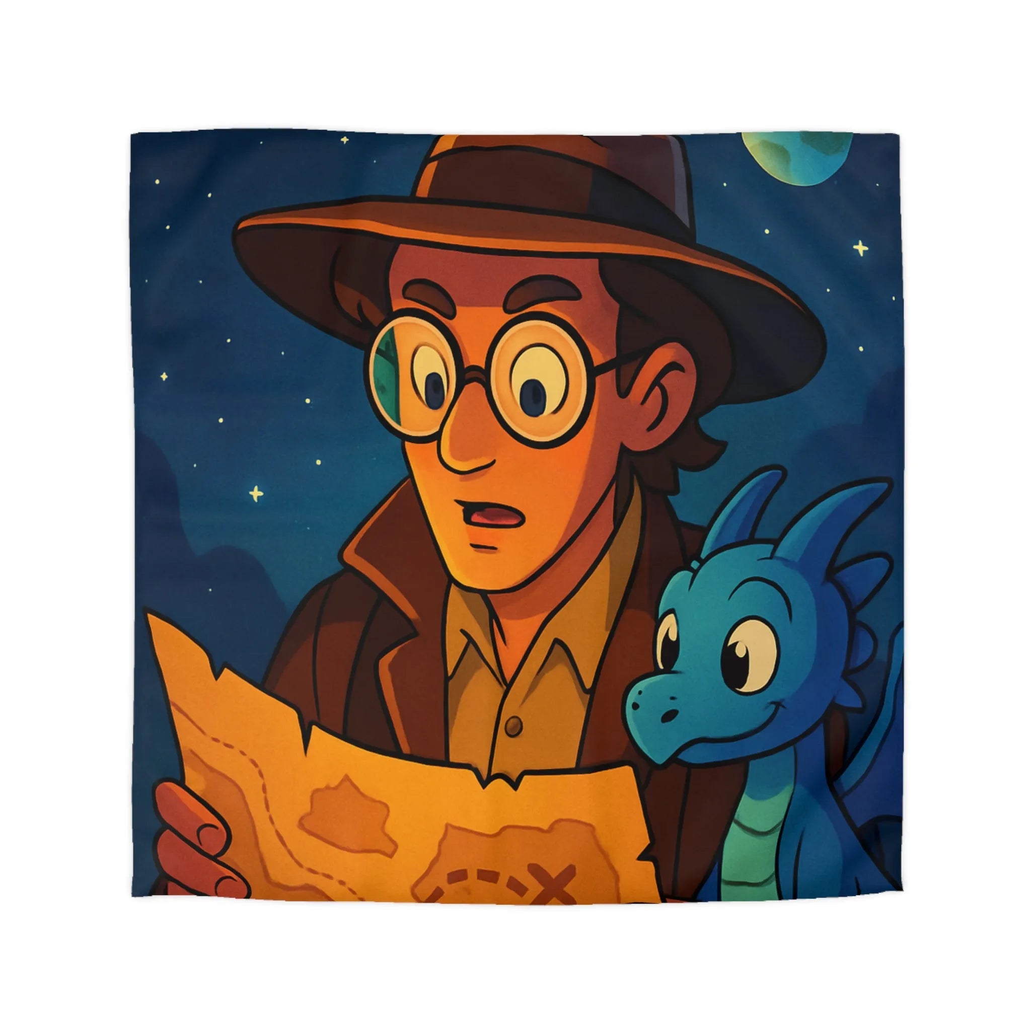 Aventure nocturne avec explorateur et dragon bleu sous planètes mystiques sur fond étoilé