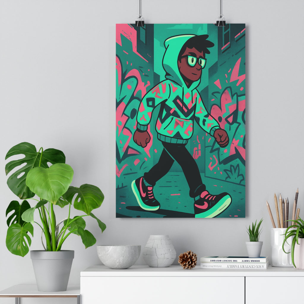 Poster décoratif urbain streetart vert rose dynamique cartoon moderne salon bureau 30x46 ambiance qualité