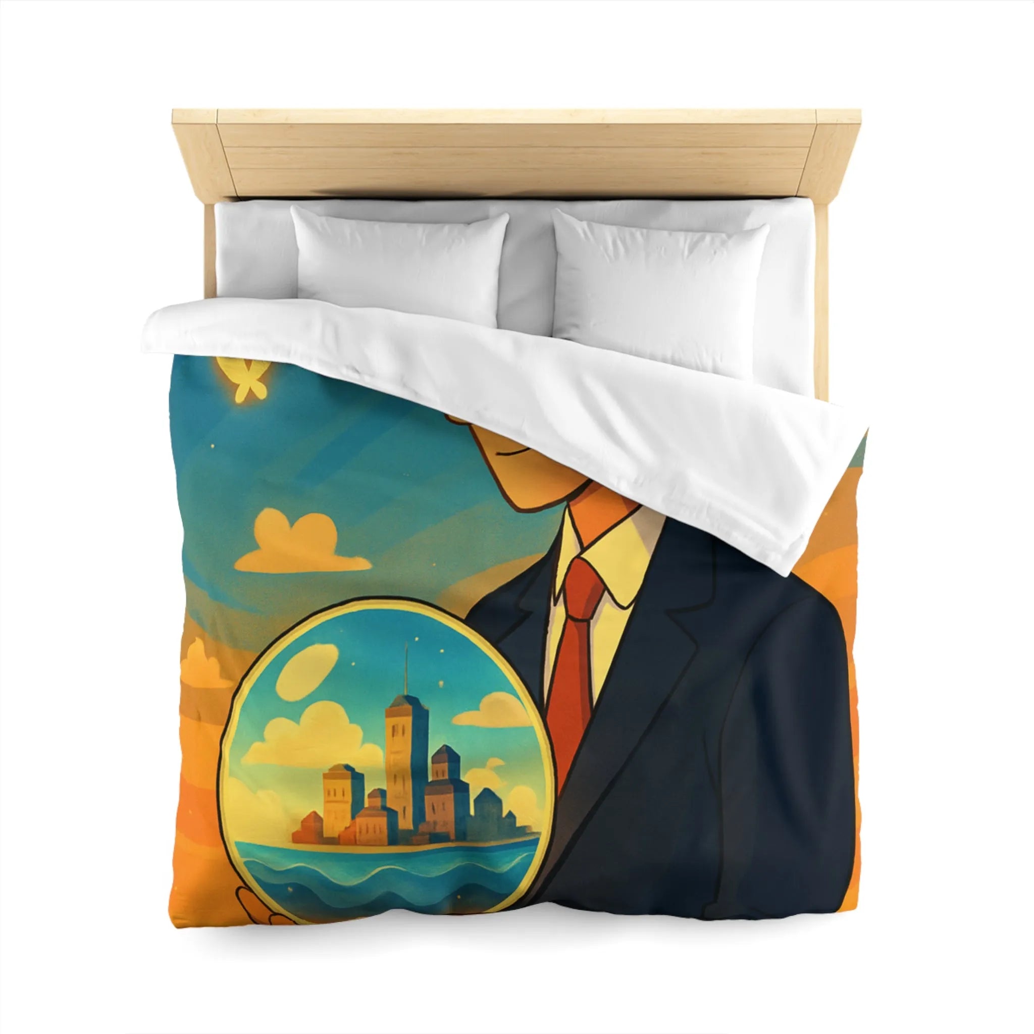 Housse de couette avec illustration surréaliste d'un homme tenant une sphère magique