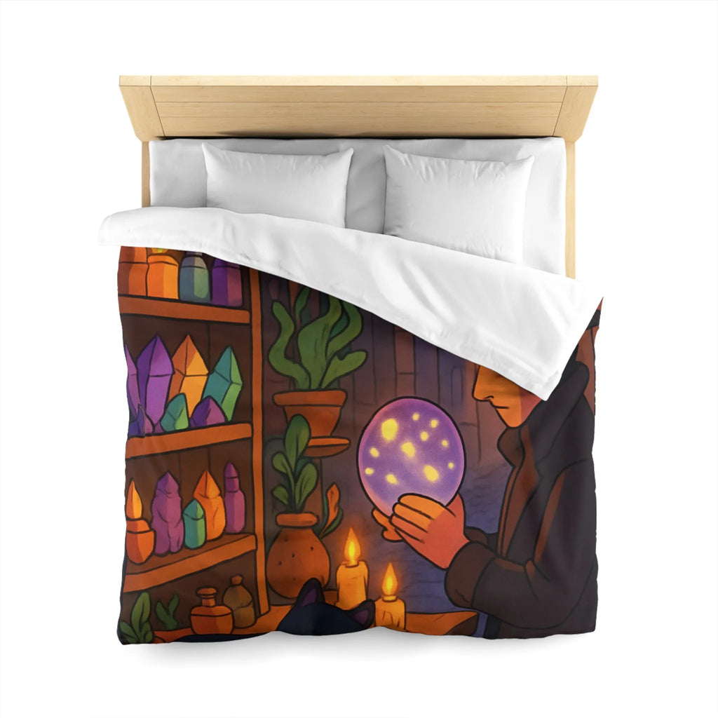 Housse de couette élégante avec scène mystique de ruelle et chat noir