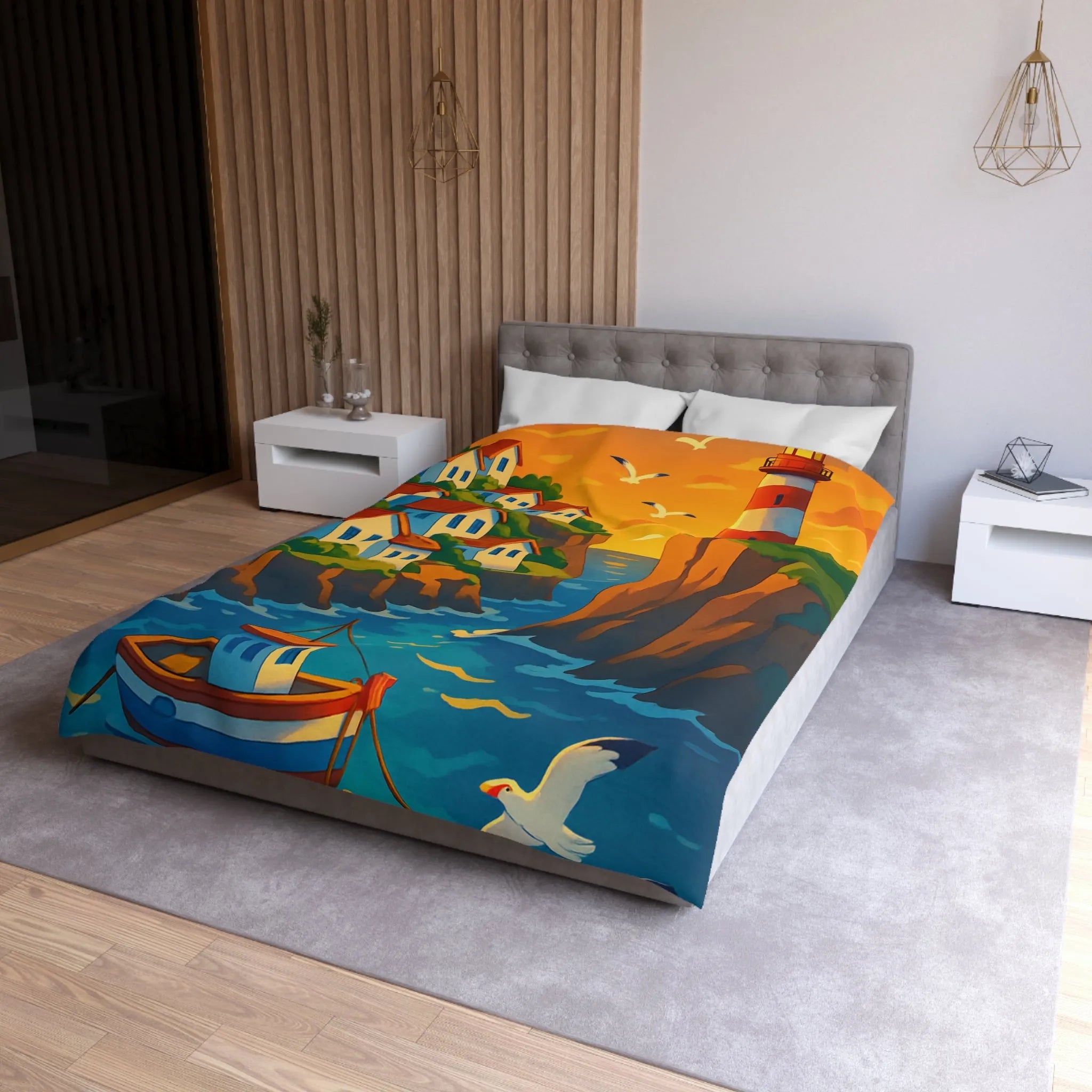Housse de couette avec paysage côtier et phare pour chambre relaxante et colorée
