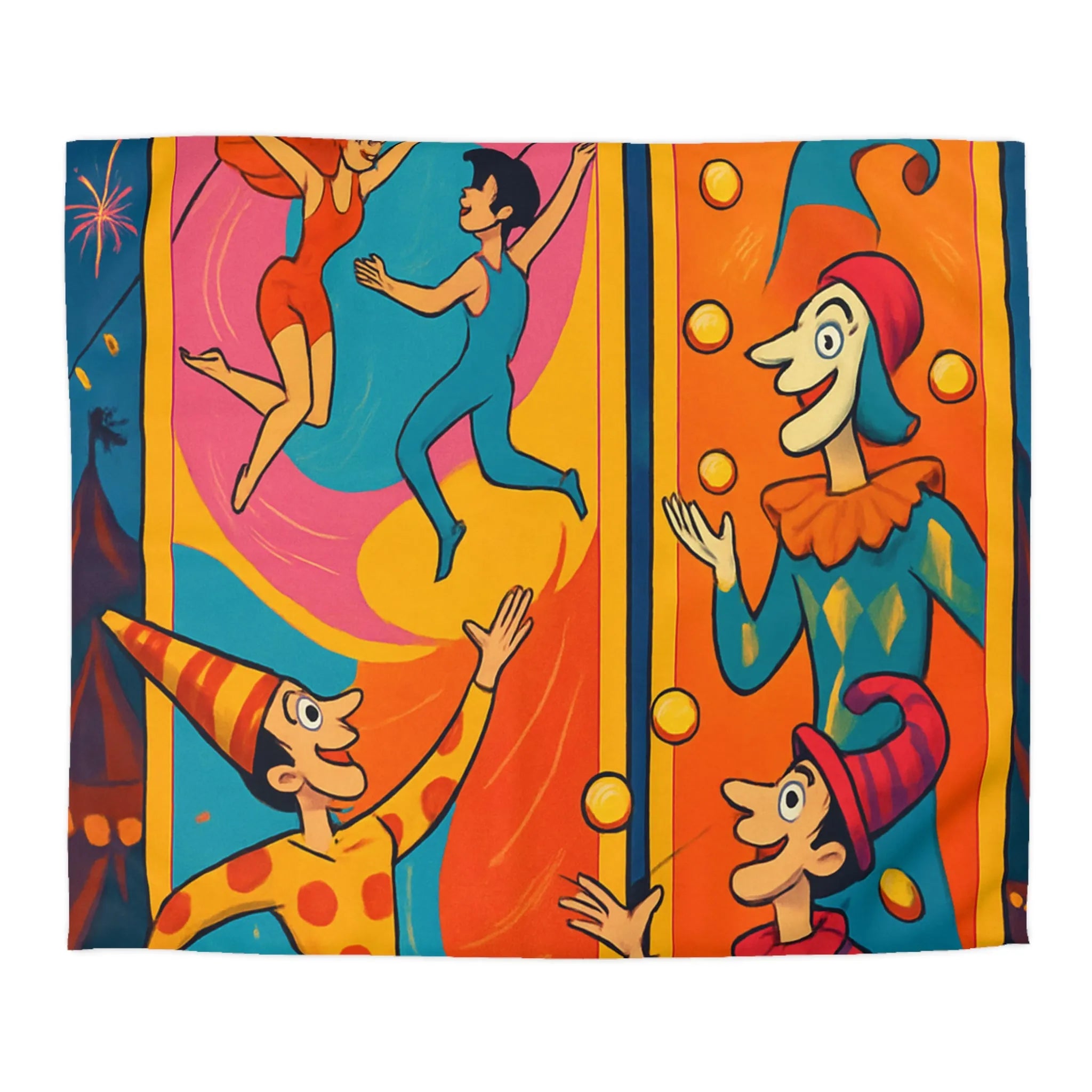 Housse de couette colorée avec jongleurs et acrobates, ambiance festive et joyeuse