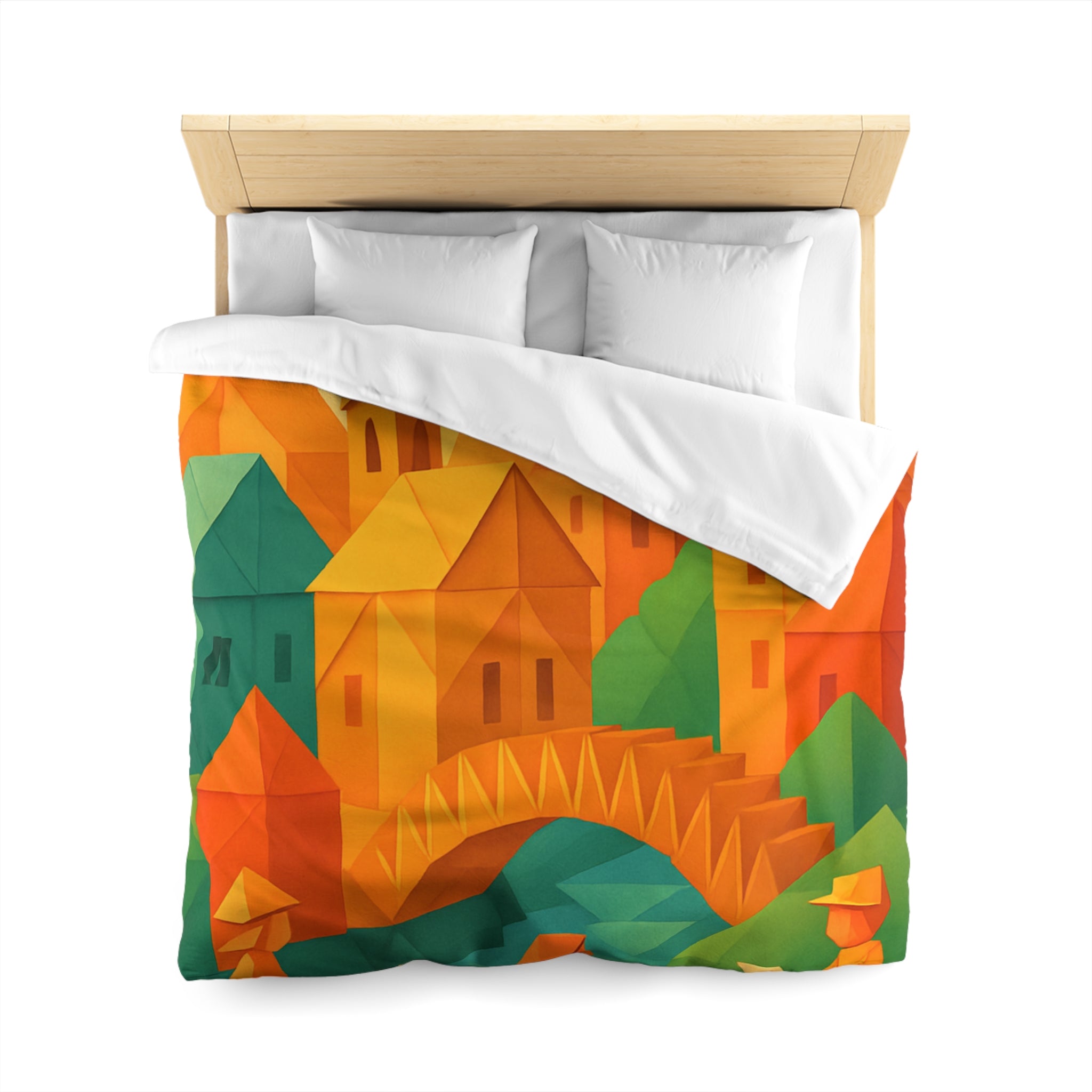 Housse de couette motif origami coloré avec paysage urbain et silhouettes humaines