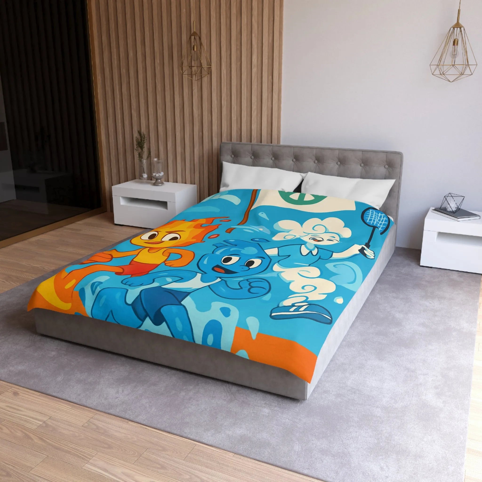 Housse de couette colorée avec motifs d’éléments sportifs et symbole de paix