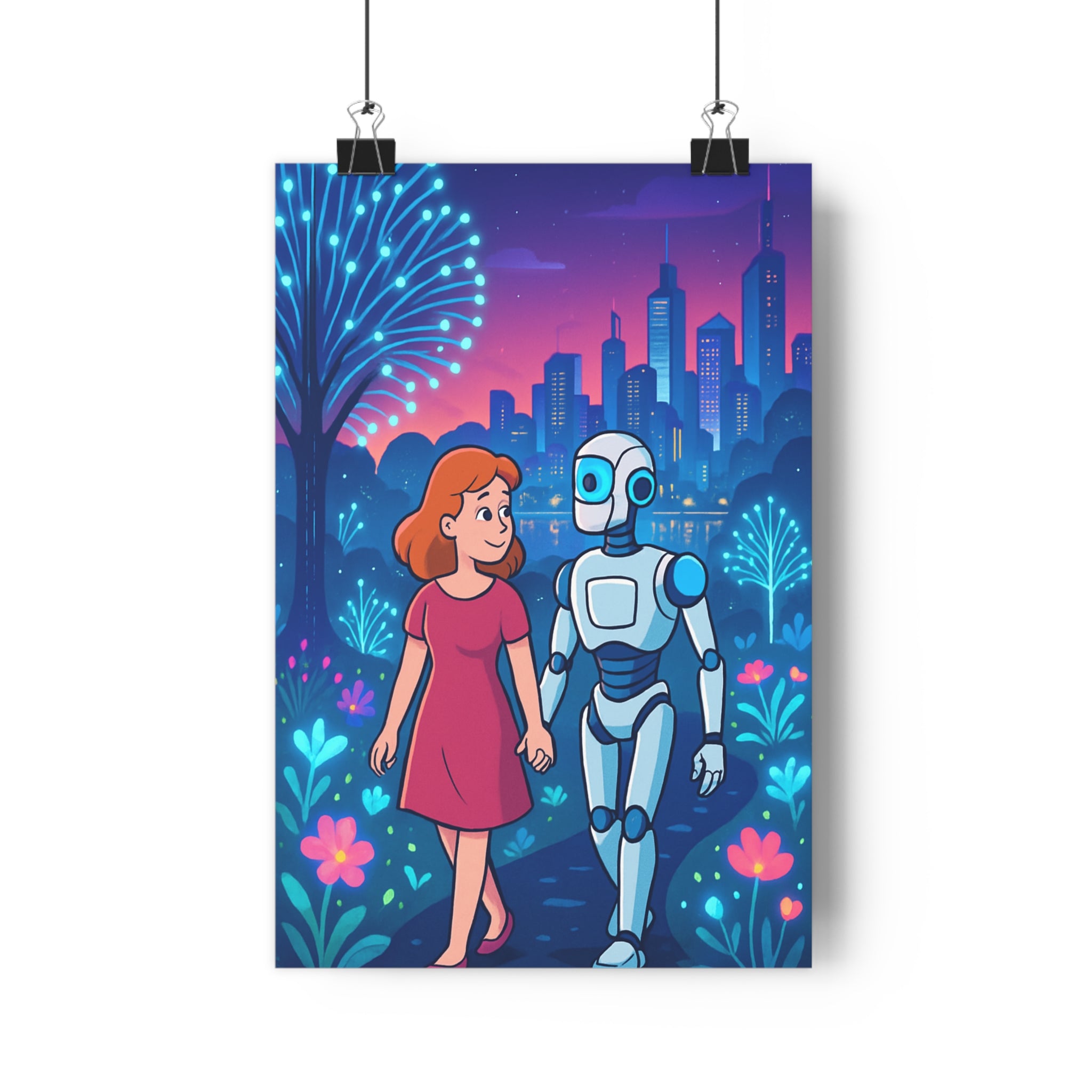 Poster décoratif futuriste art cartoon bleu lumineux salon chambre rêve ville robot femme qualité