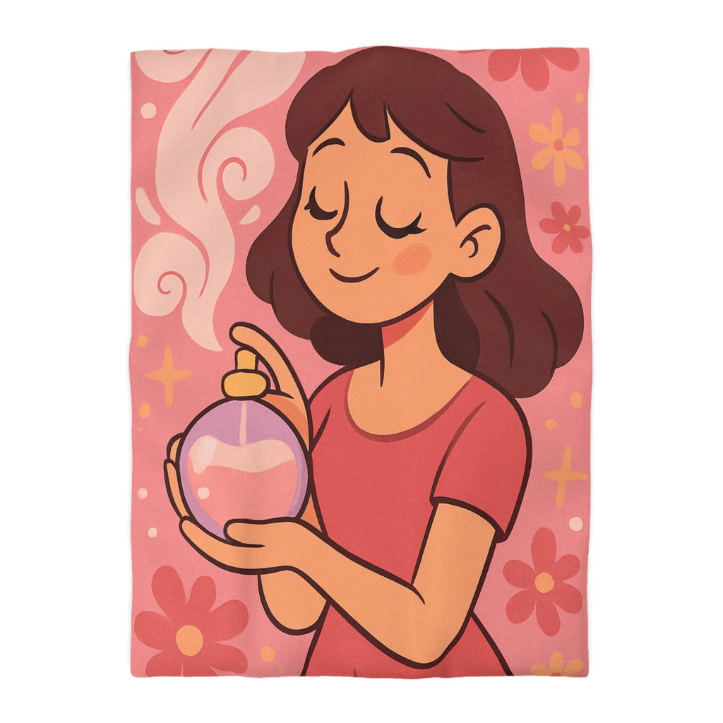 Housse de couette illustration parfum avec femme souriante tenue bouteille contre fond rose