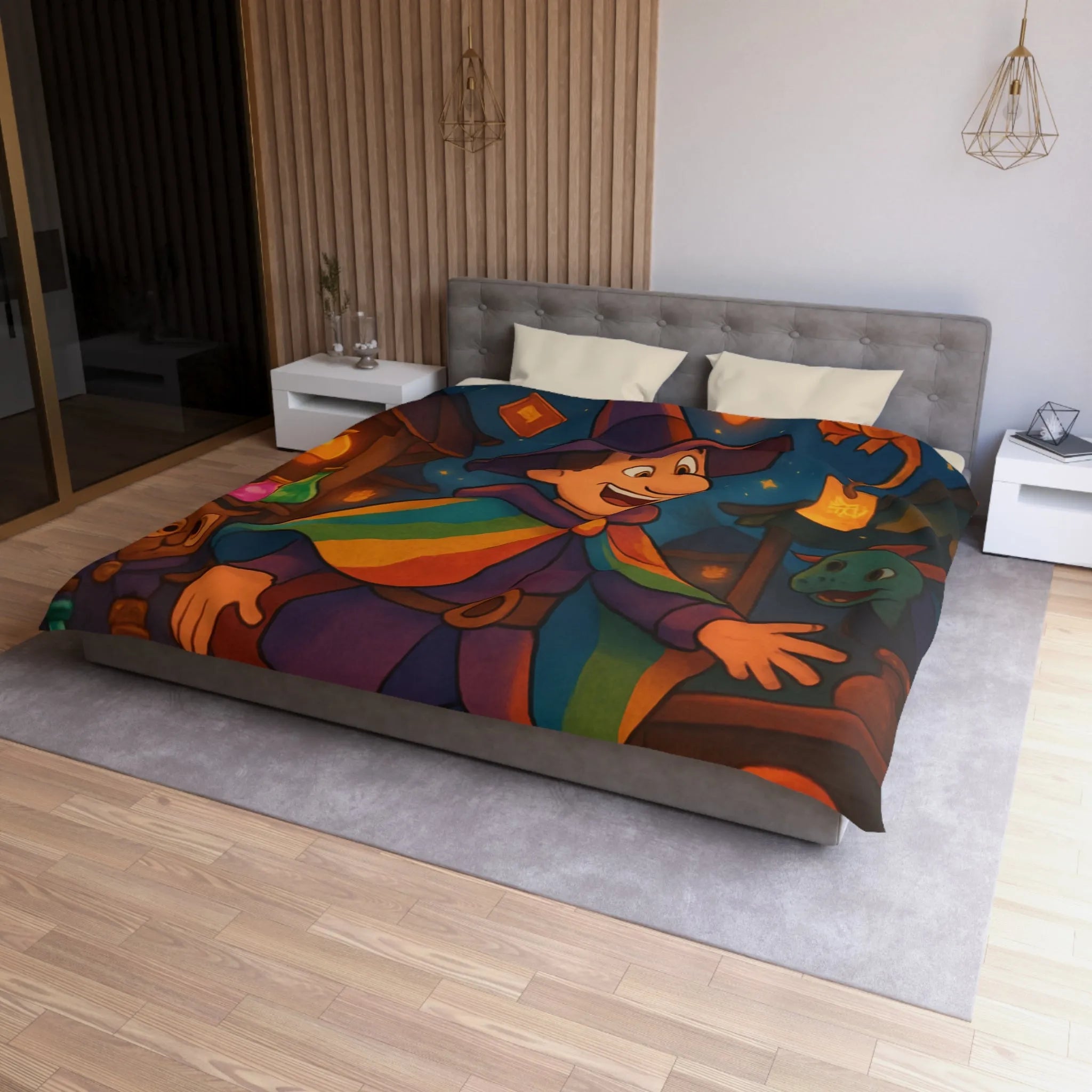 Housse de couette magique avec envoûtant motif de sorcier, dragon et livres enchantés