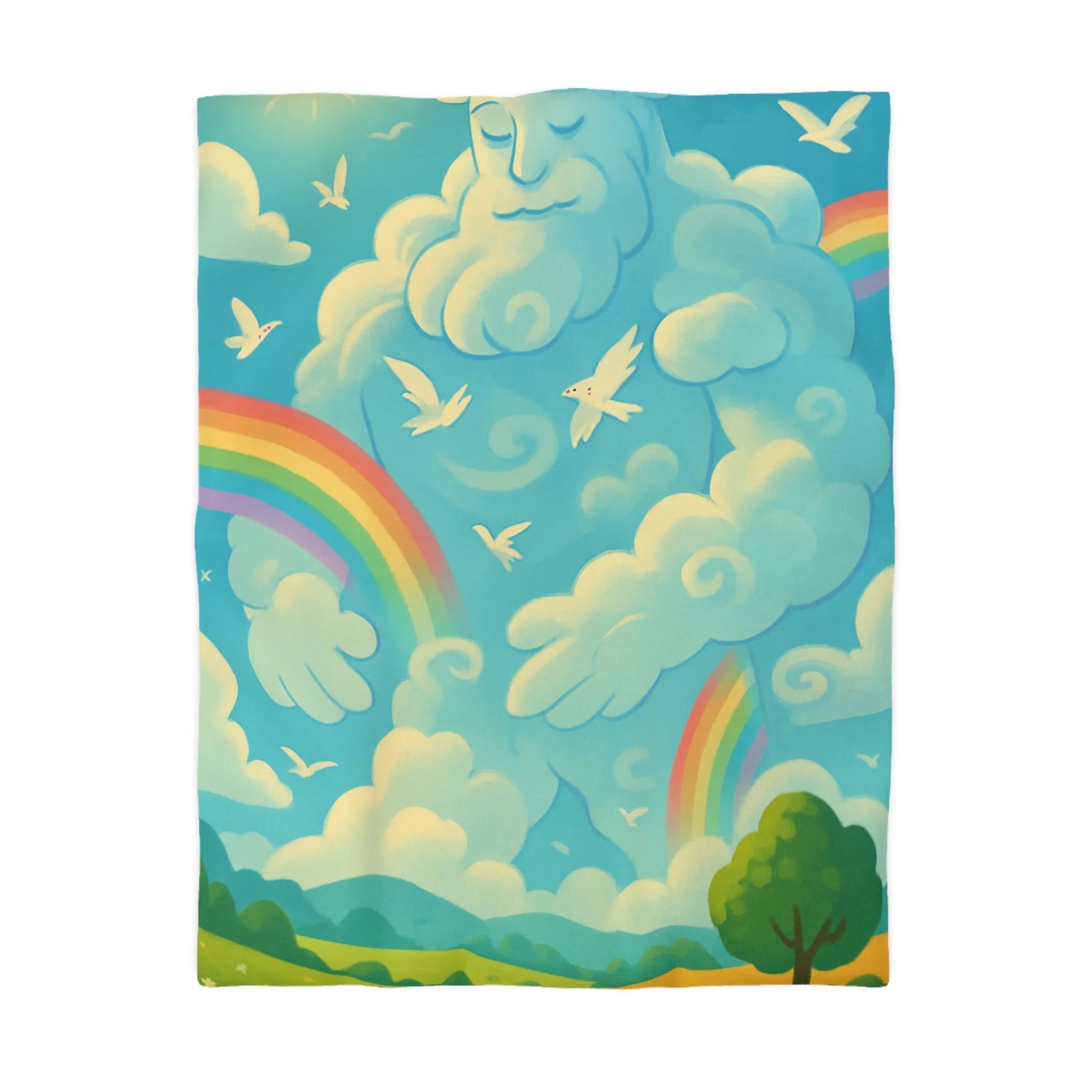 Housse de couette colorée nuageux avec ciel ensoleillé, arc-en-ciel et oiseaux blancs