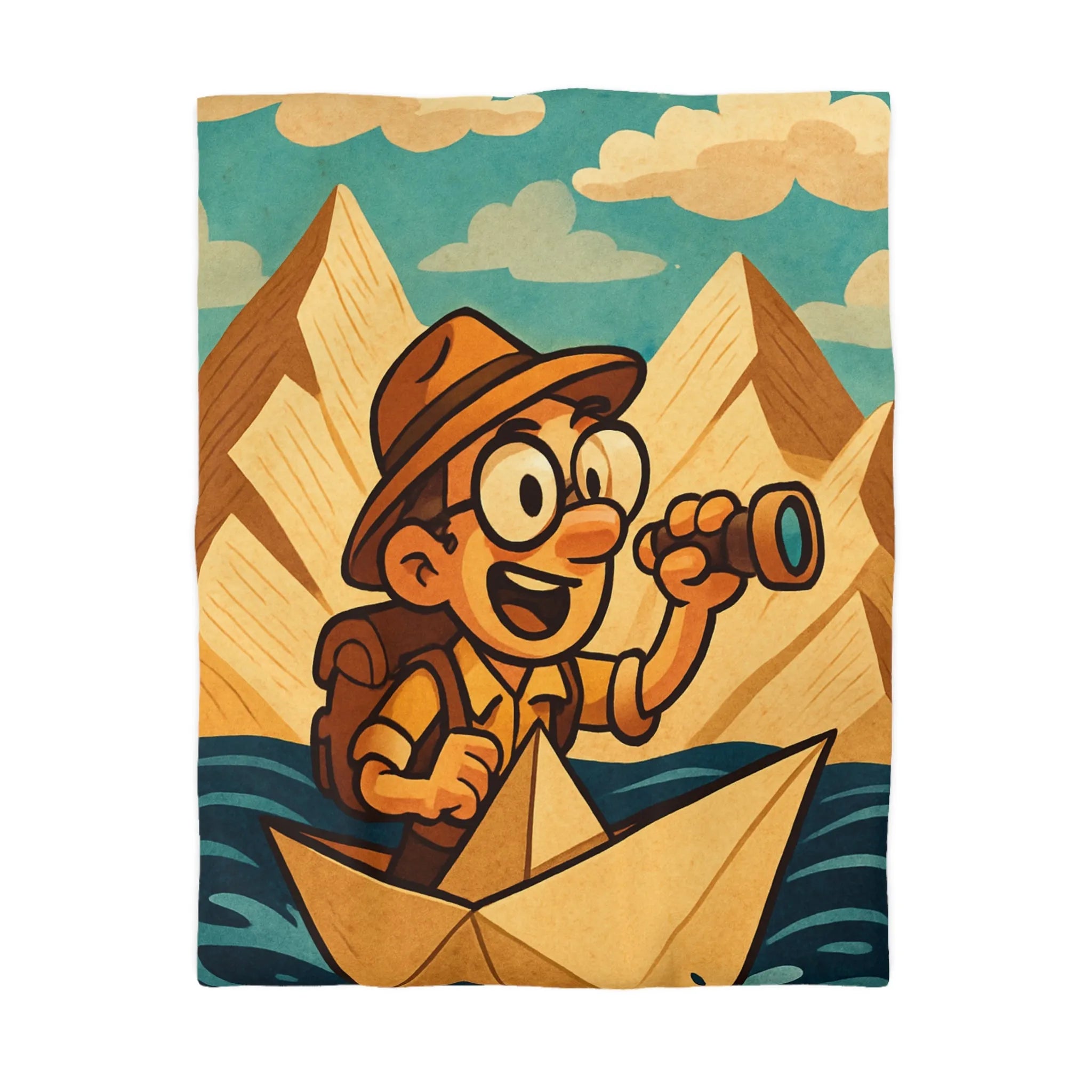 Aventure ludique d'un explorateur sur bateau en papier sous ciel bleu et montagnes