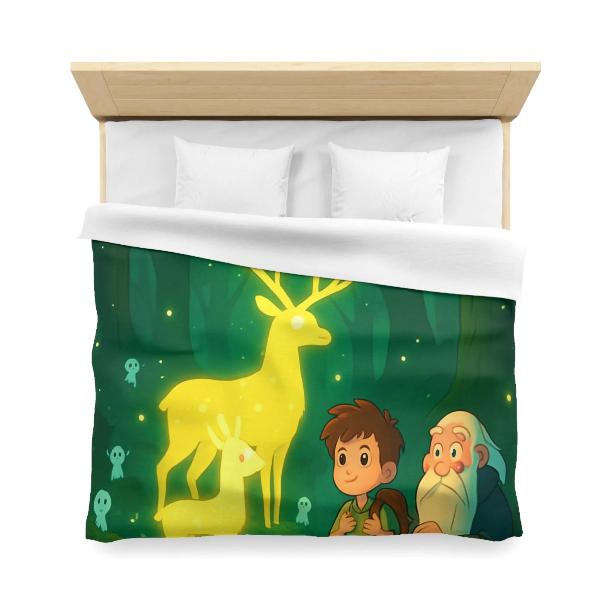 Housse de couette féerique avec cerfs lumineux et personnages dans une forêt enchantée