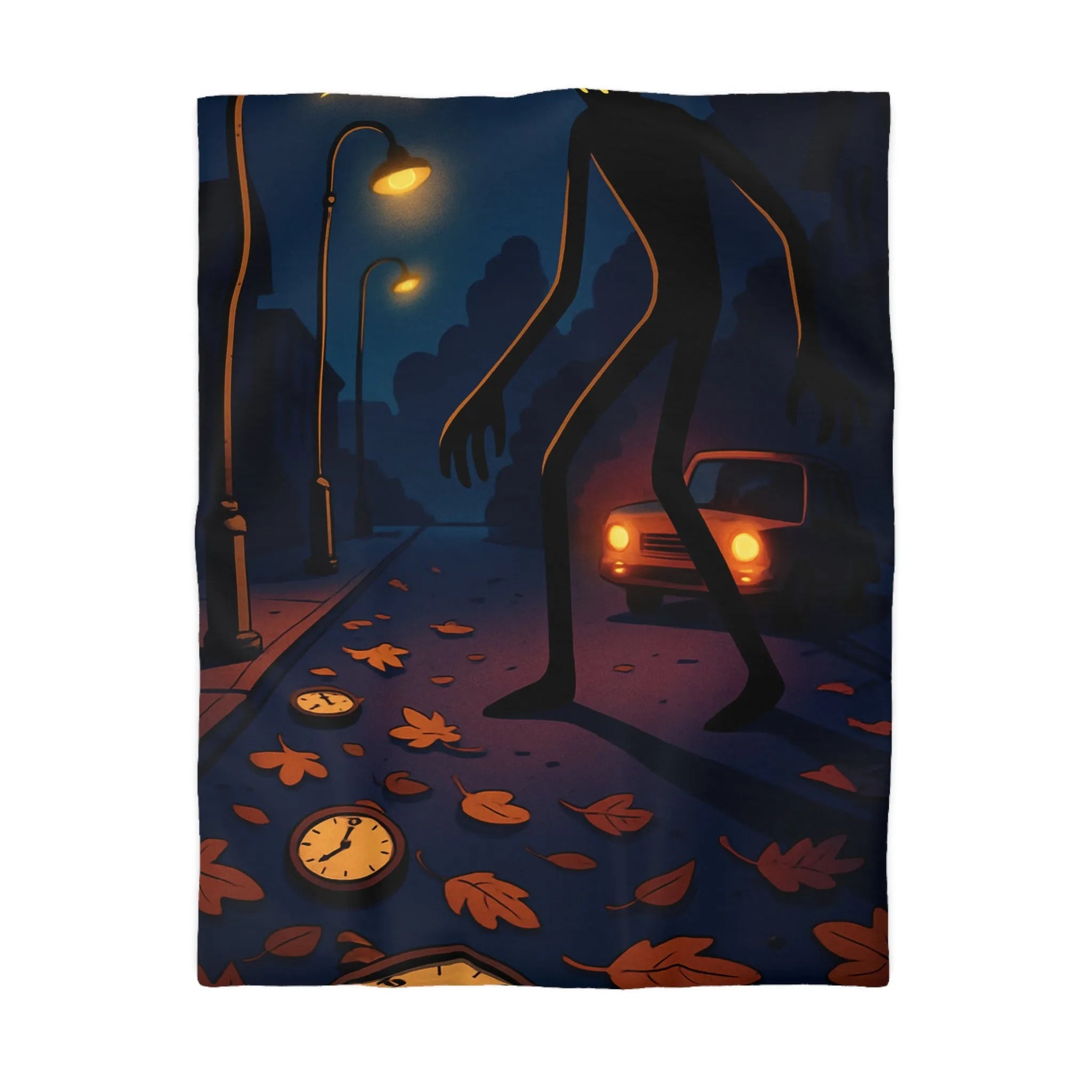 Housse de couette avec motif de créature mystérieuse et horloges sur route nocturne