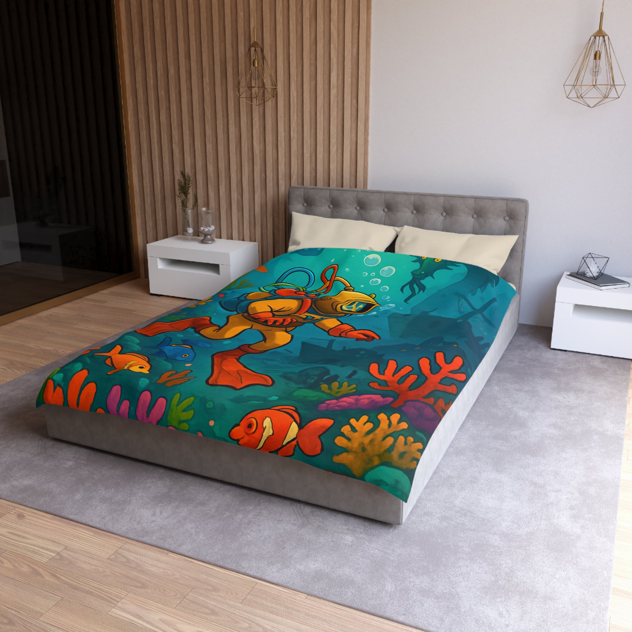 Housse de couette motif plongeur rétro dans un monde sous-marin coloré et mystérieux