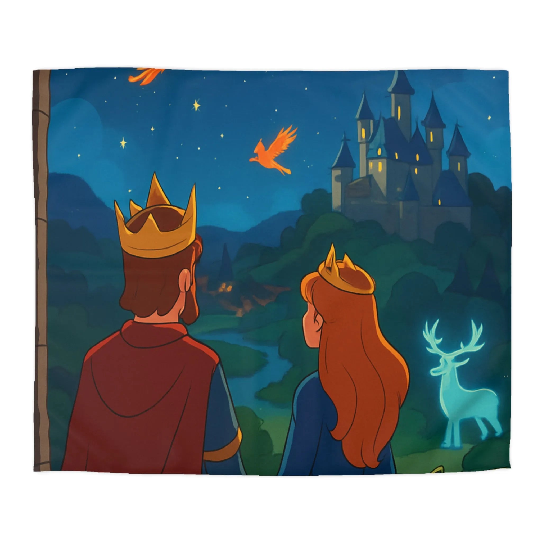 Housse de couette magique avec roi, reine et château sous ciel étoilé enchanté