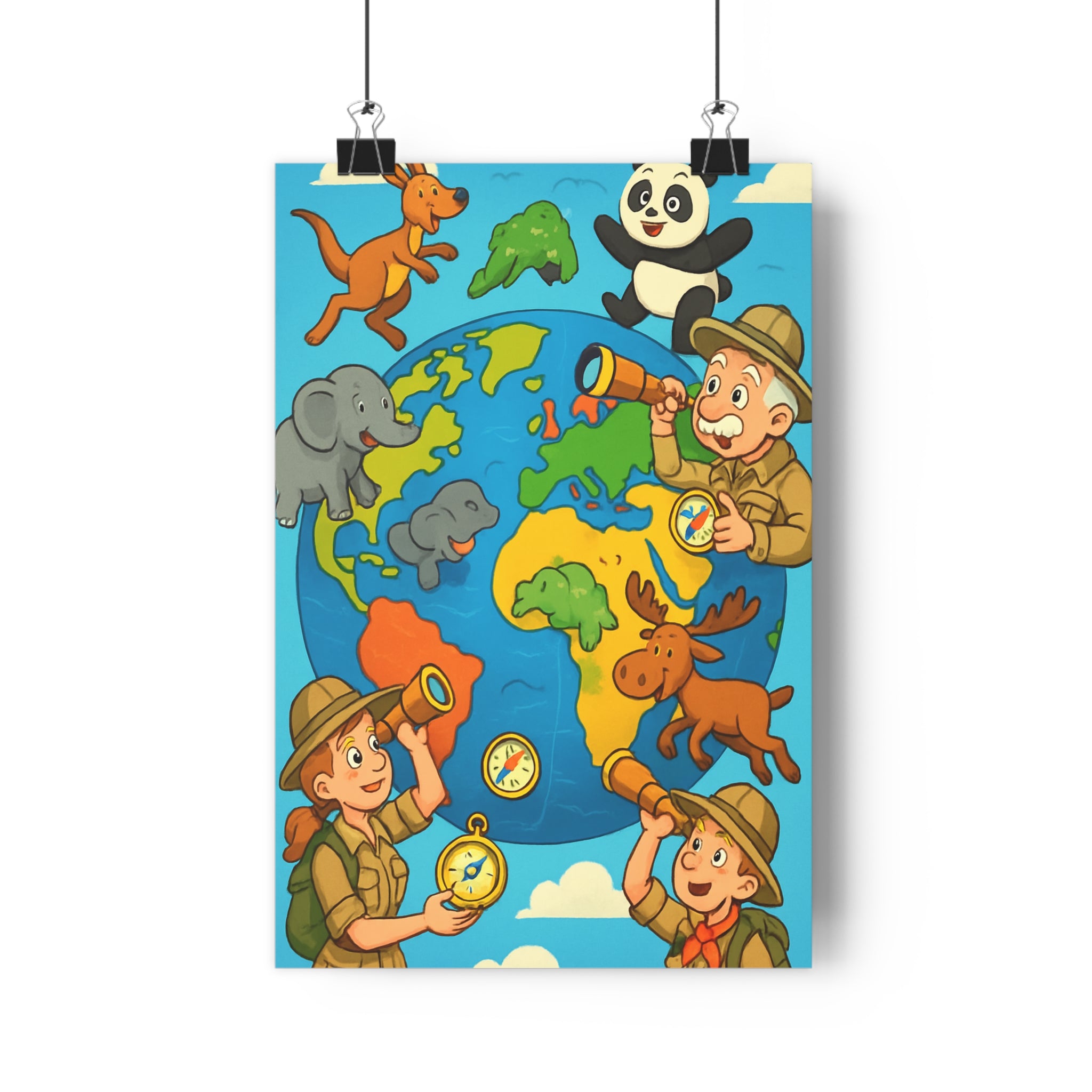 Poster décoratif coloré carte monde aventure animaux cartoon chambre enfant joyeux dessin explorateur panda