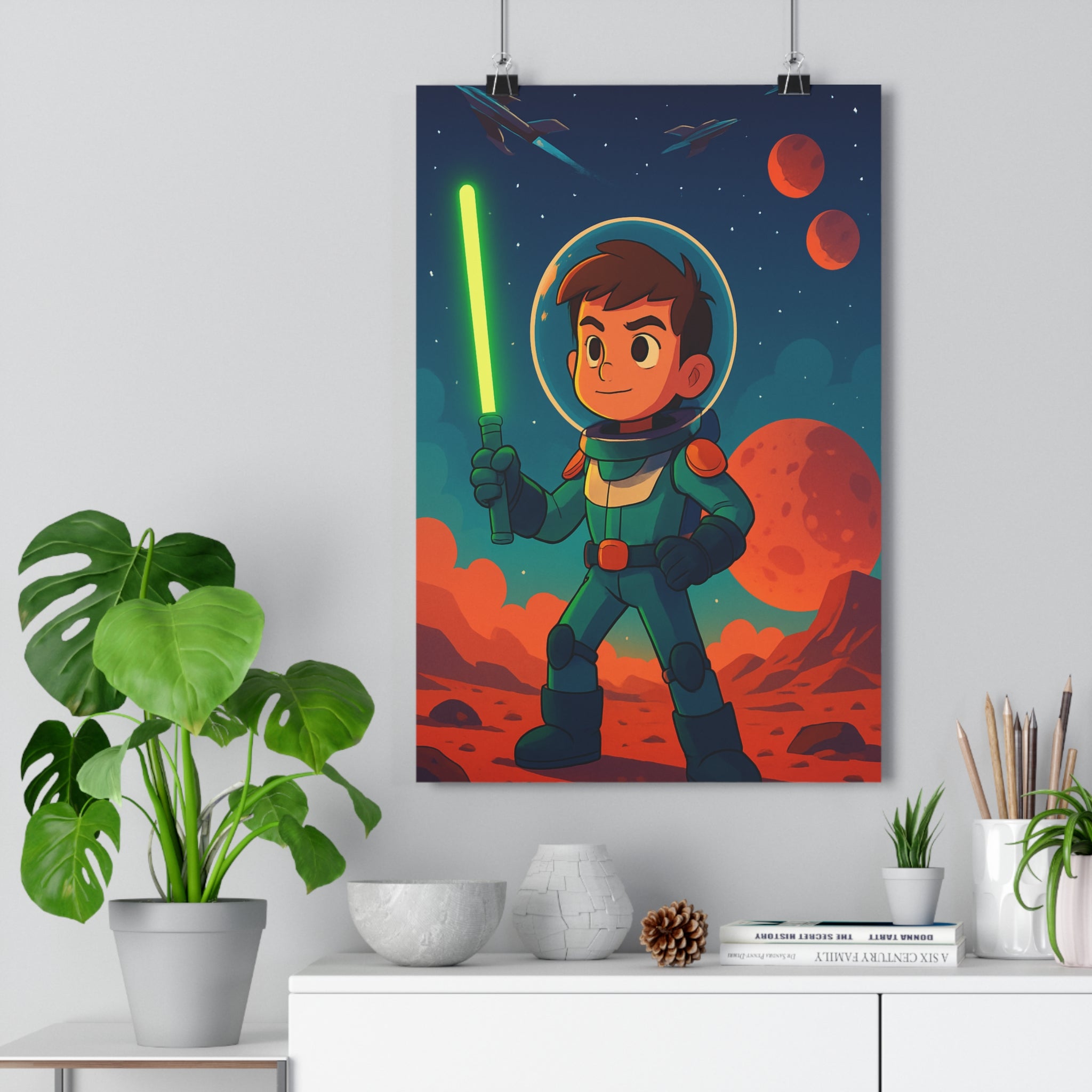 Poster décoratif futuriste vert rouge cartoon aventure enfant chambre espace sabre laser étoiles 30x46
