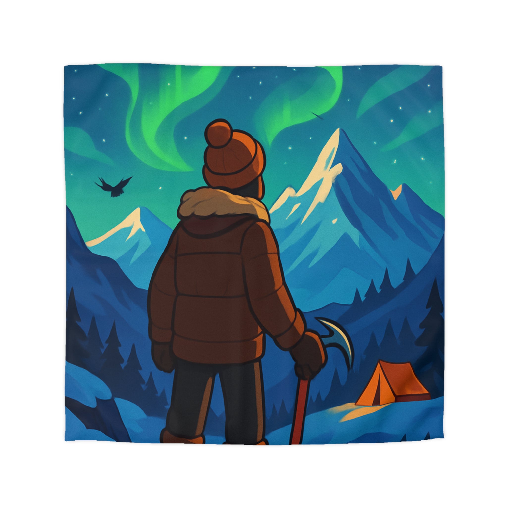 Housse de couette montagne avec aurore boréale, explorateur et tente lumineuse