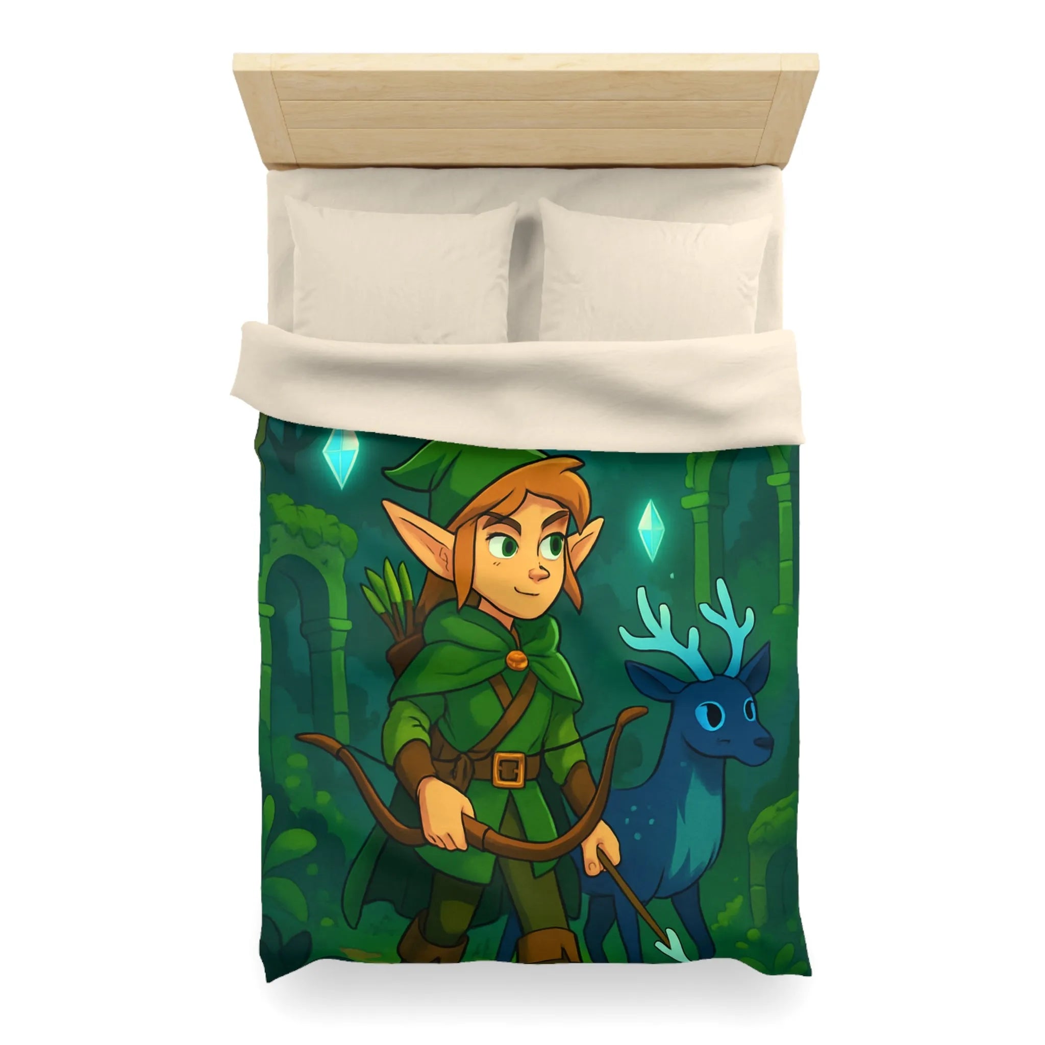 Housse de couette forêt enchantée avec lutin et cerf sous lune brillante