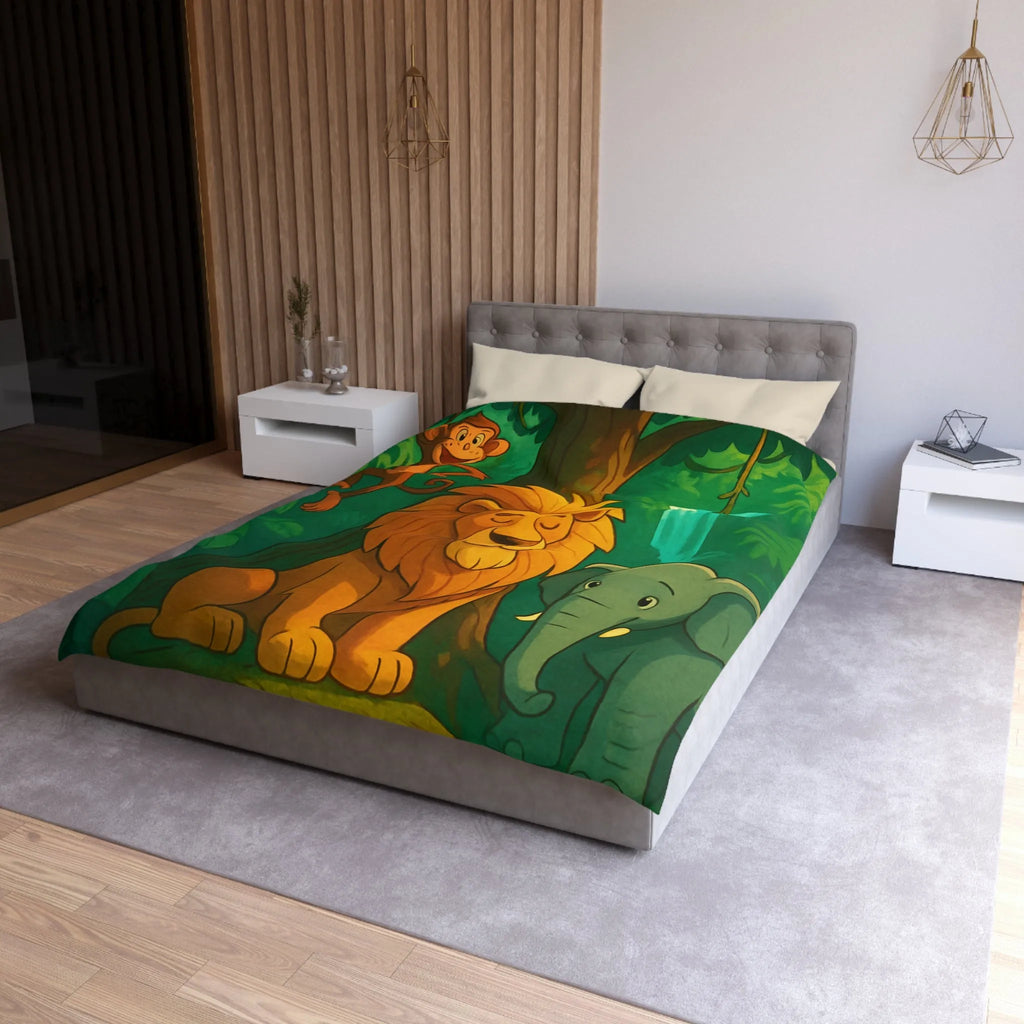 Housse de Couette Jungle Enchantée avec Lion, Singe, Éléphant et Chute d’Eau Magique