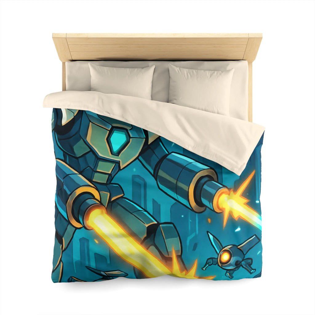 Housse de couette illustrant un robot tirant des lasers dans une ville futuriste la nuit