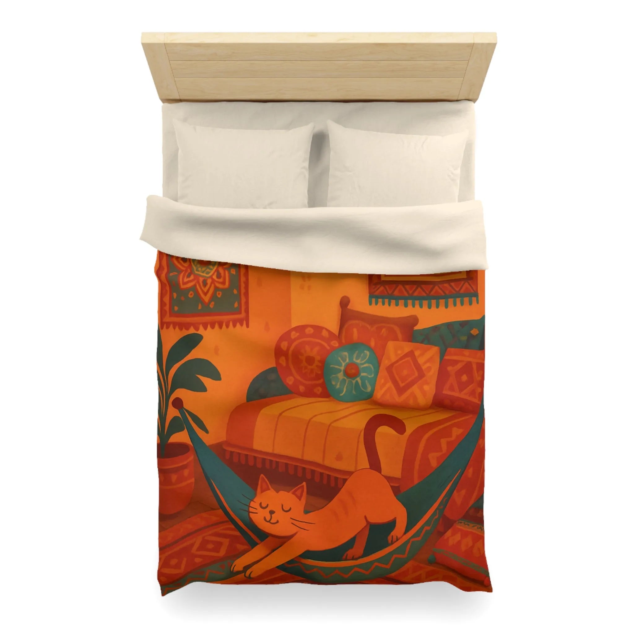 Housse de couette bohème avec motifs mandala et chat dans des tons chauds