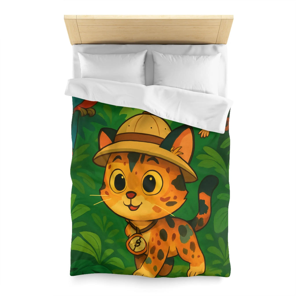 Housse de couette avec chat explorateur, jungle colorée, perroquet et singe joyeux