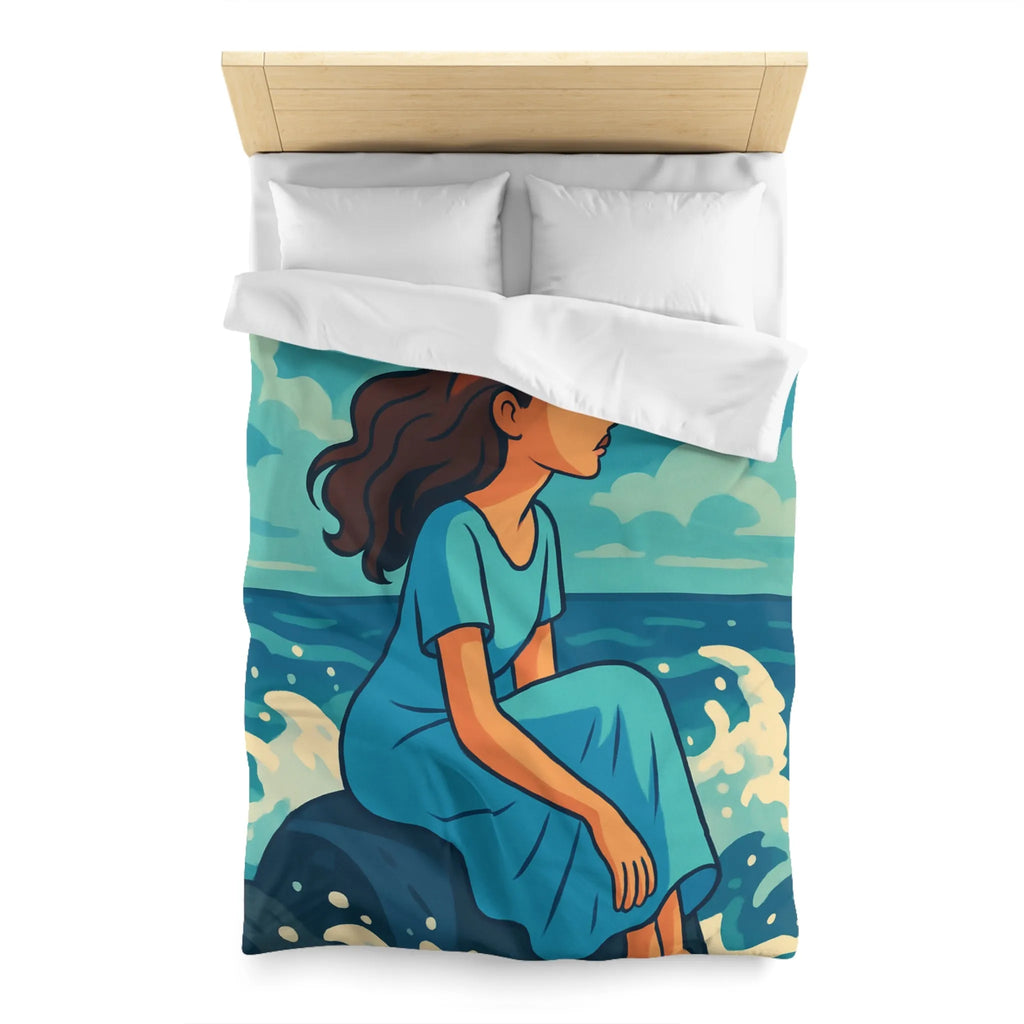 Housse de Couette Art Nouveau Femme Mermaid Assise sur Rochers avec Mouettes
